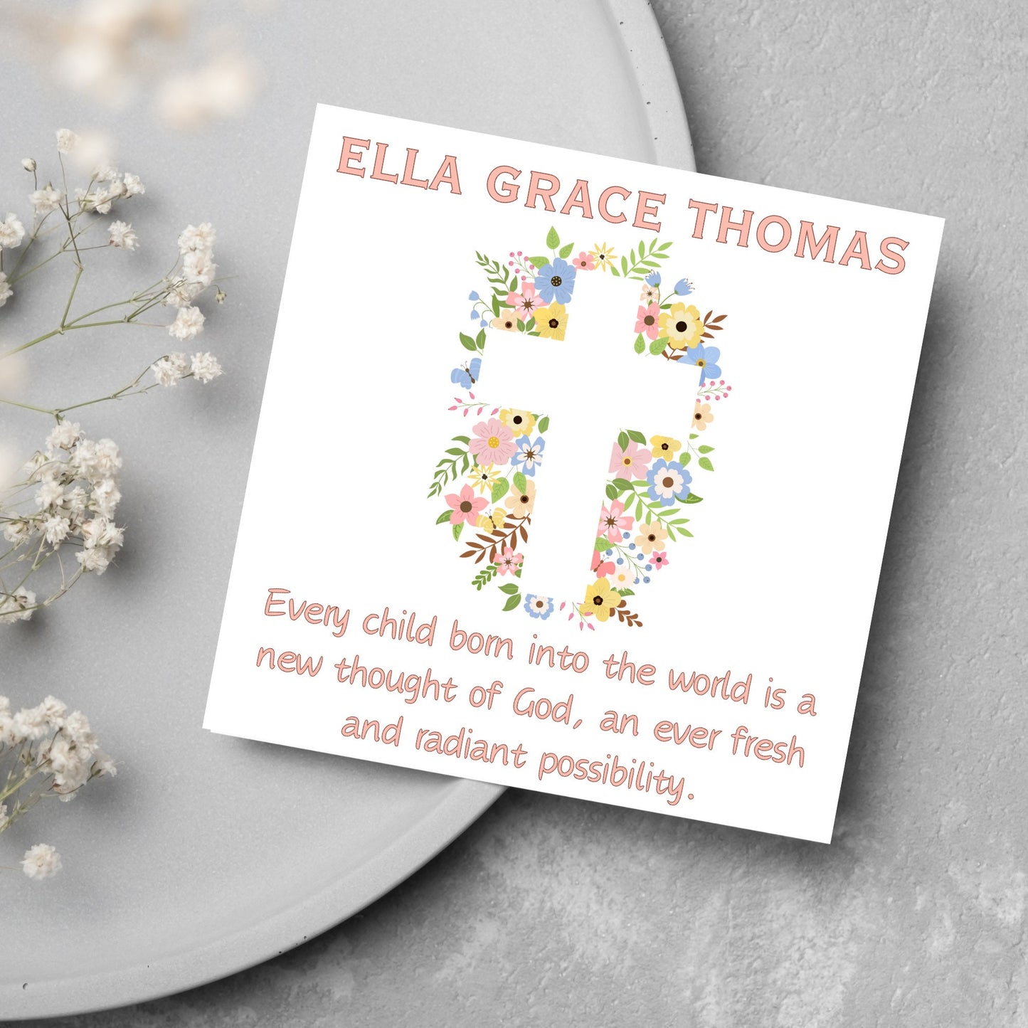 baptism card with flowers, cross and prayer
