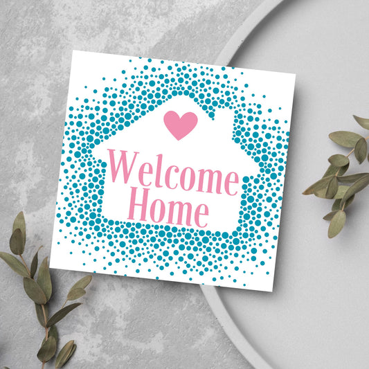 blue and pink dots negative space house welcome home