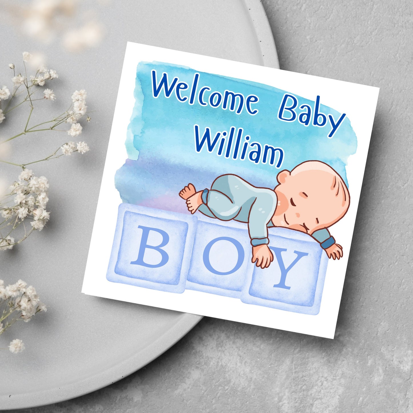 welcome baby boy card with cartoon baby sleeping