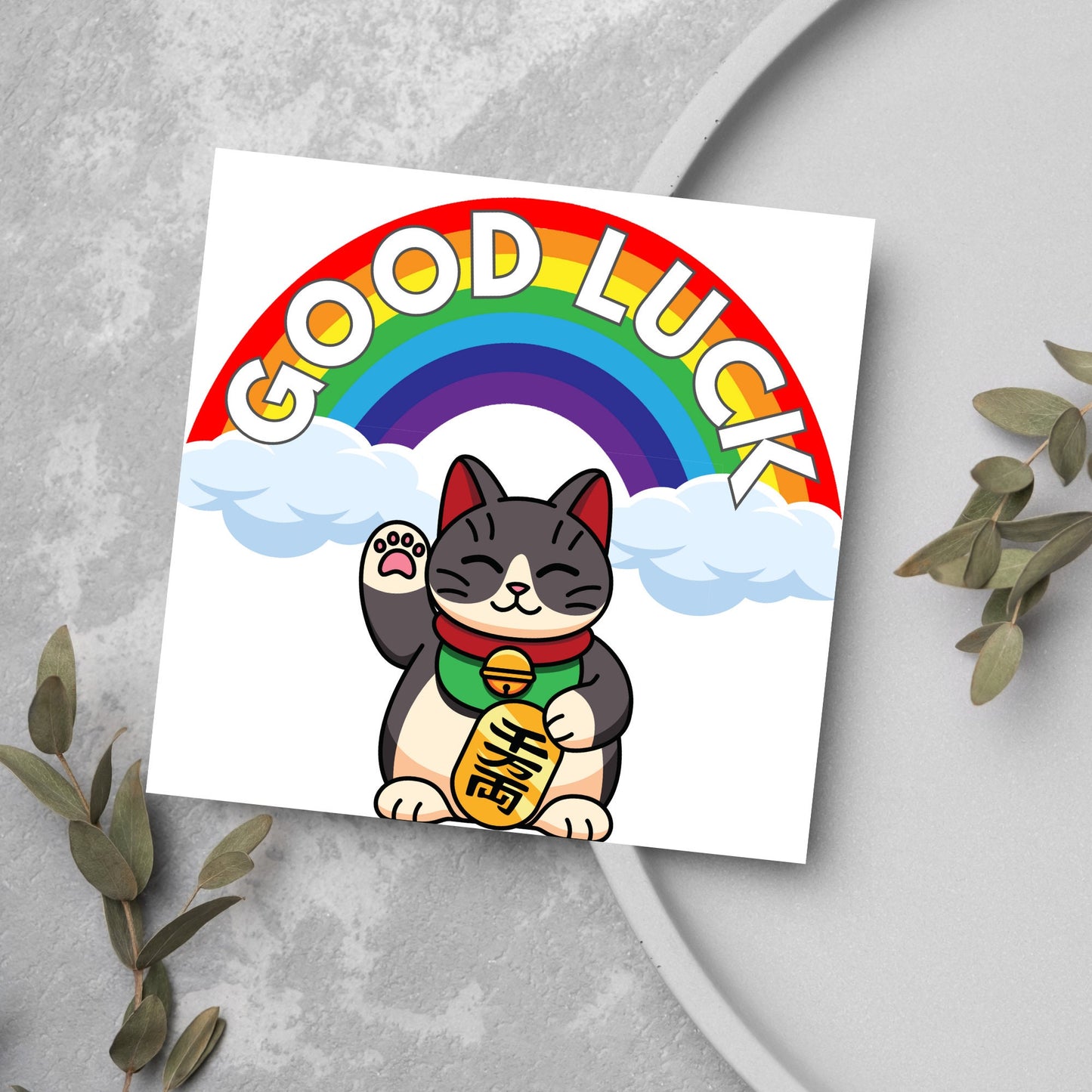 chinese style lucky cat card with rainbow