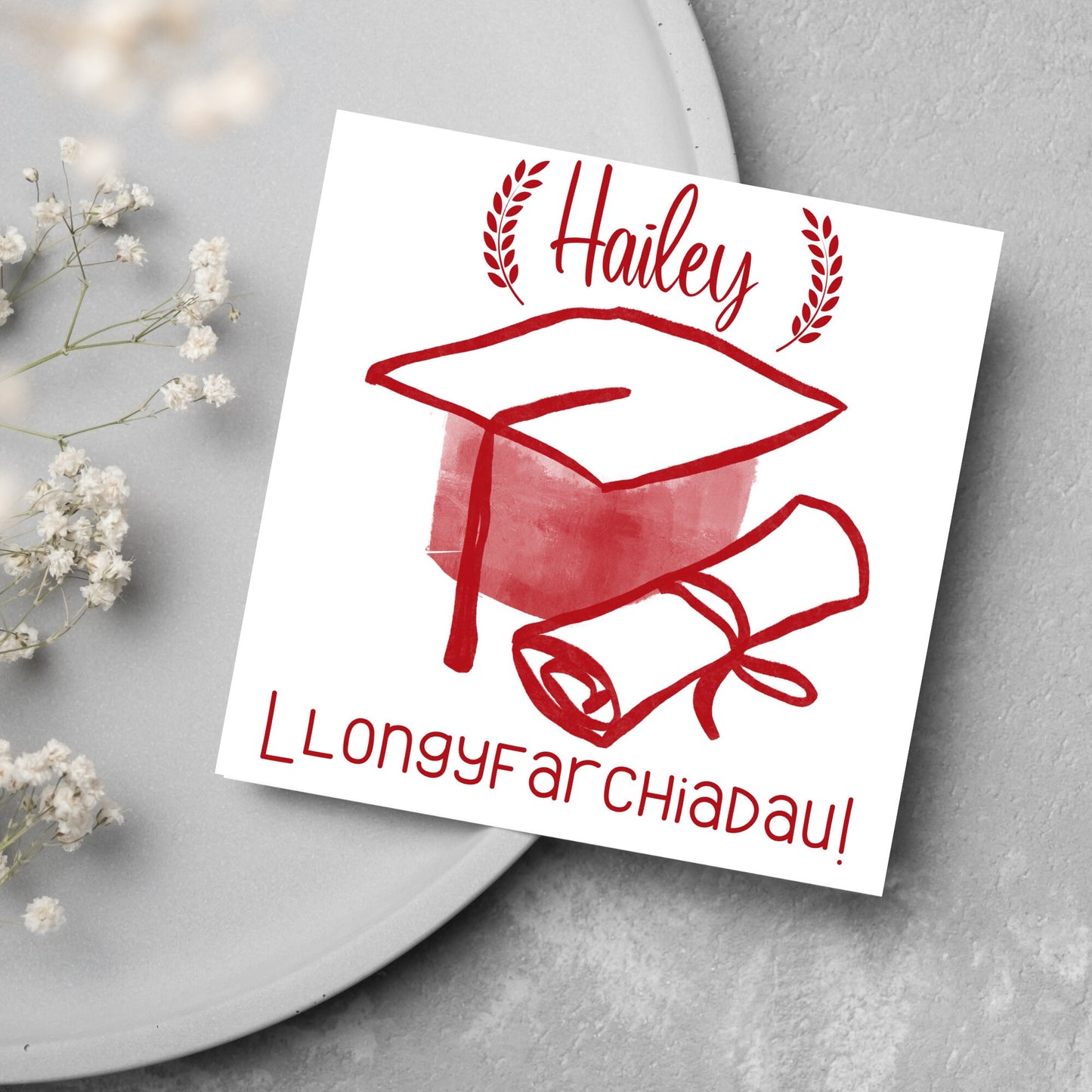 red welsh language graduation card with name