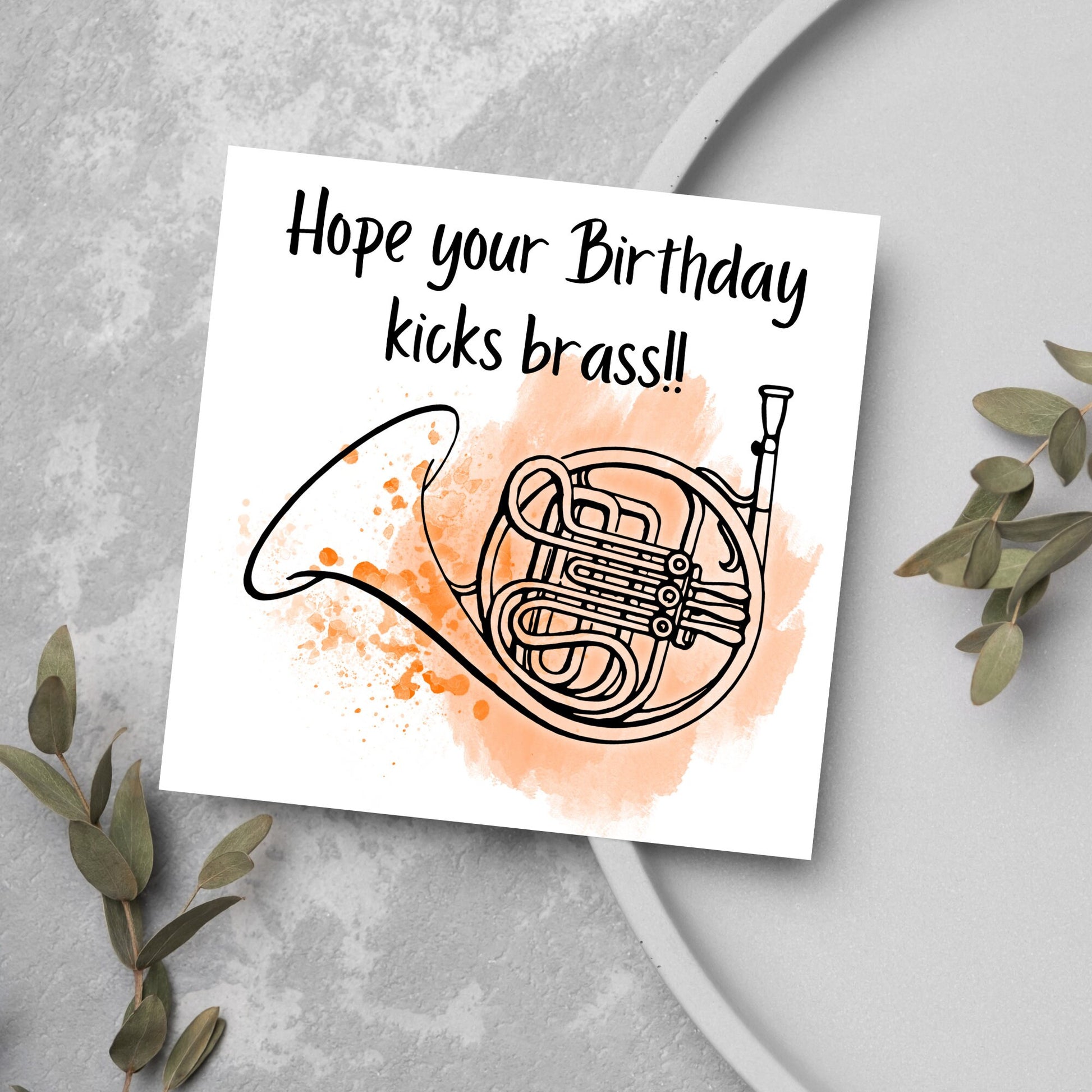 watercolour Birthday card with french horn