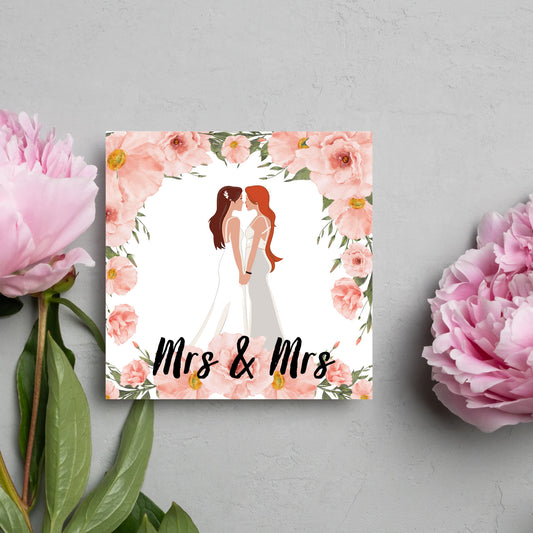 2 brides kissing mrs and mrs with roses card