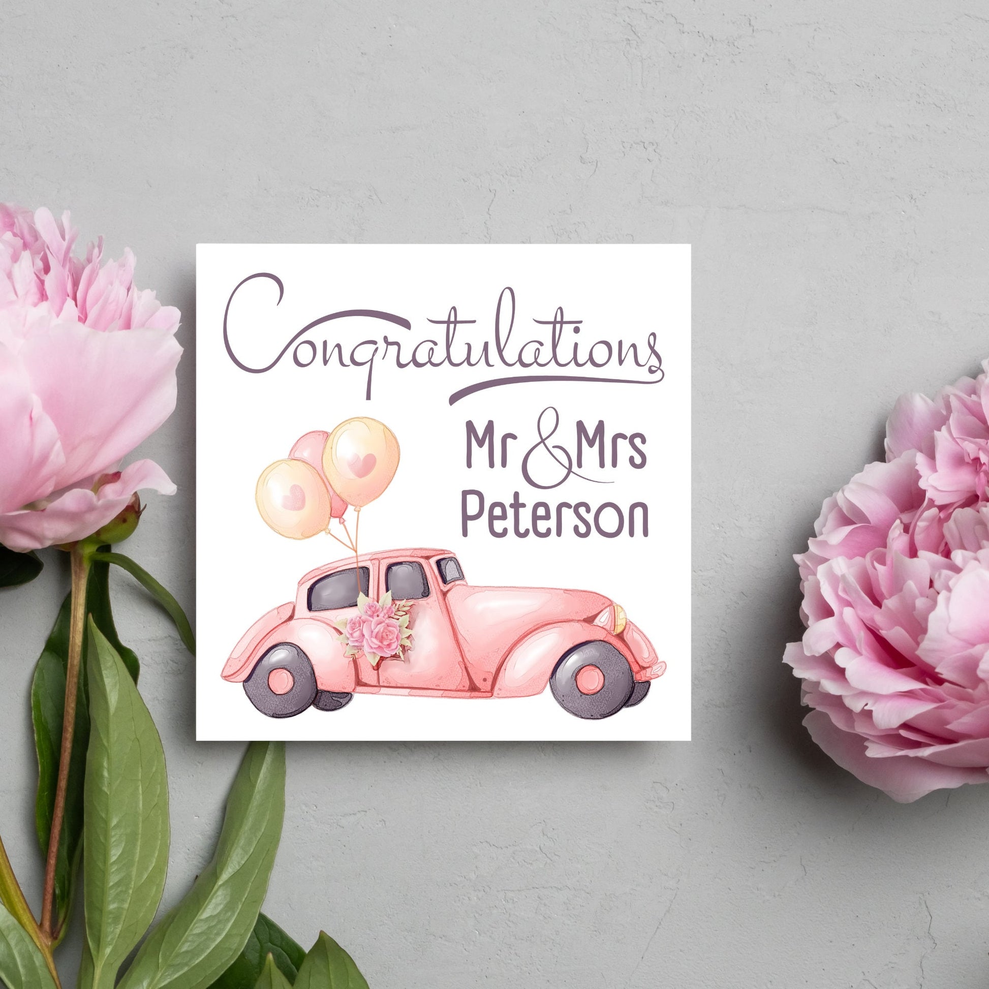pink wedding car and balloons card