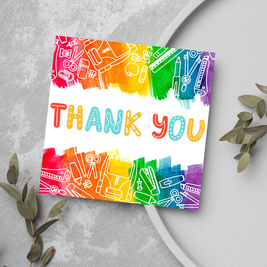 rainbow thank you card with white school equipment doodles