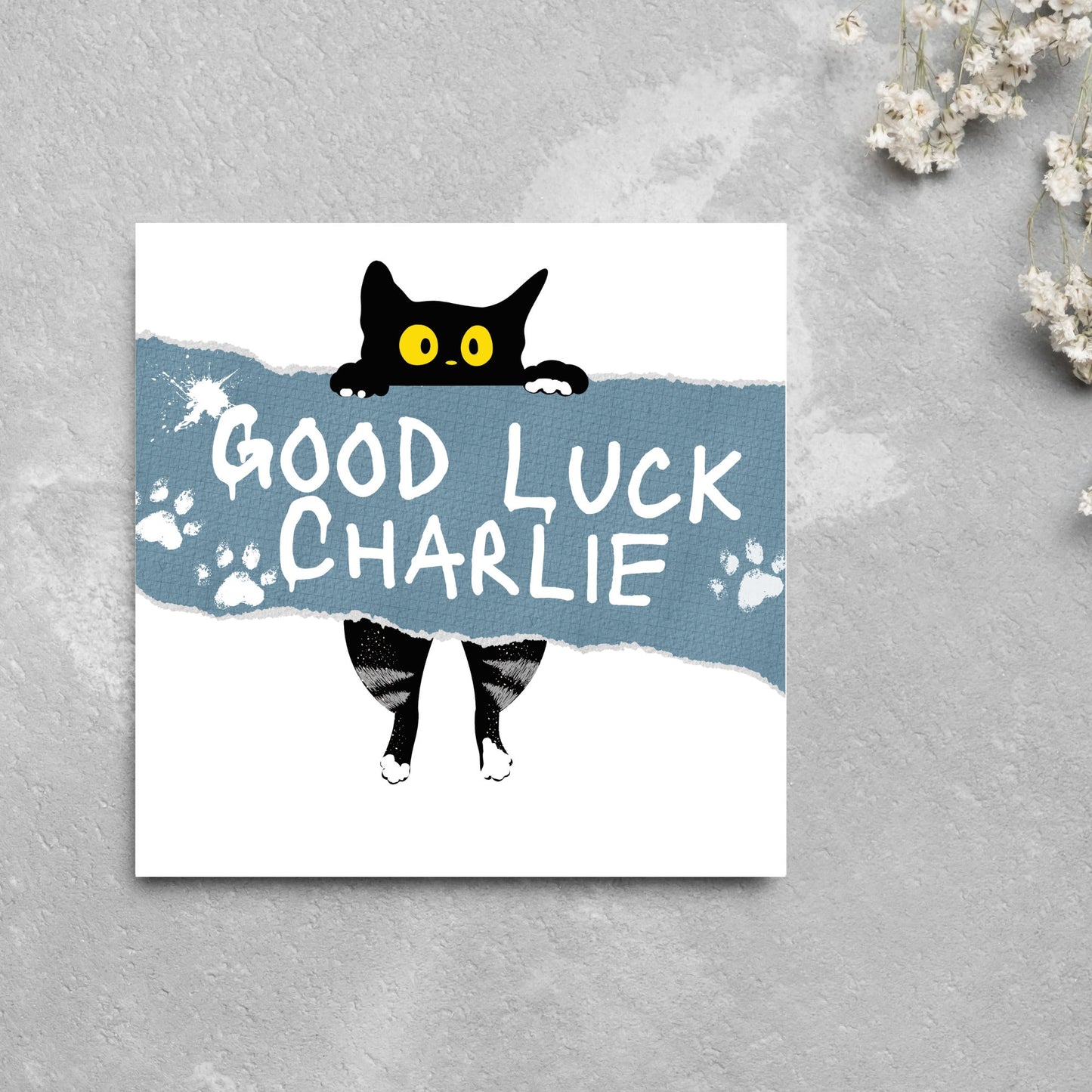 good luck card with black cat hanging on ripped banner