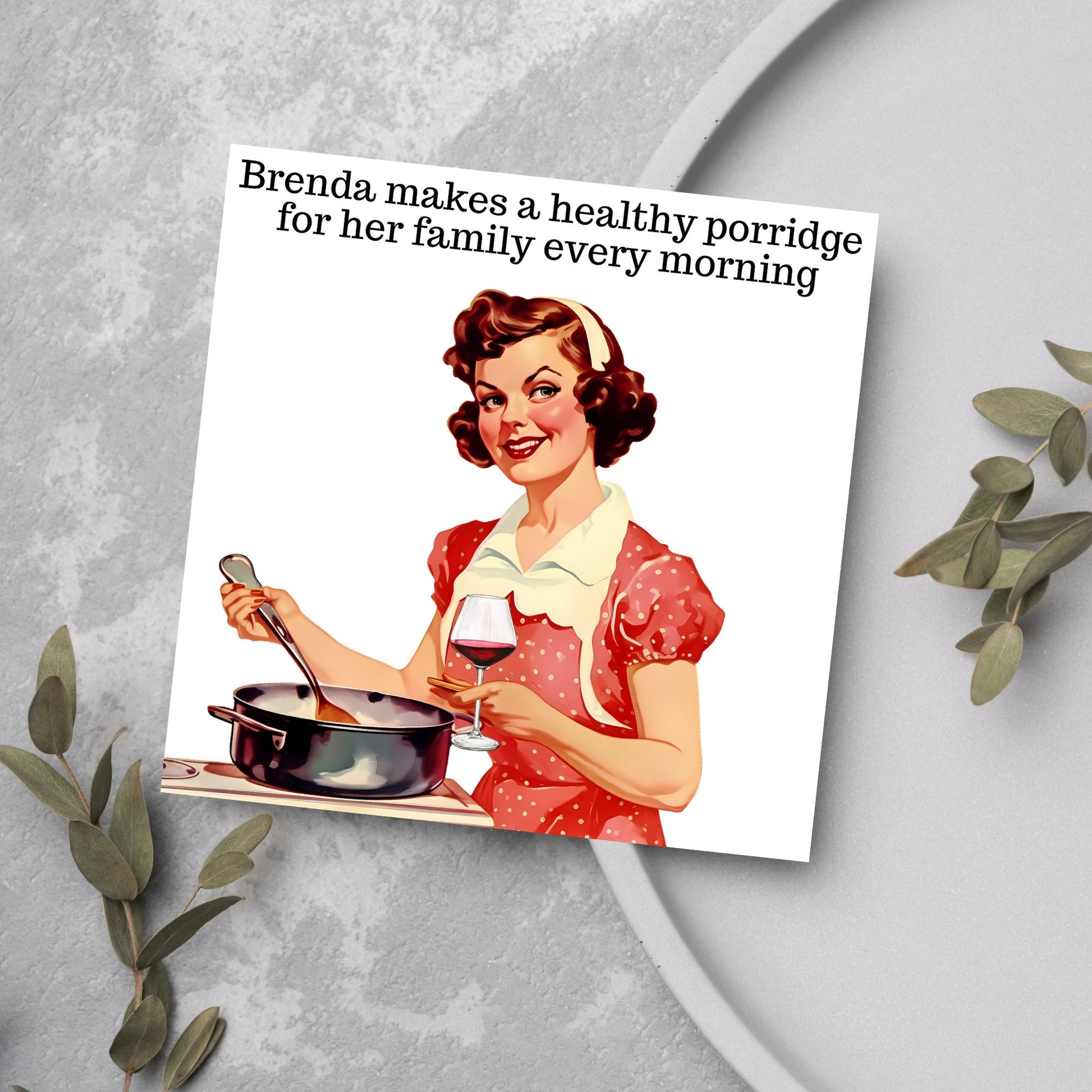 retro card woman smiling making breakfast folding glass of wine