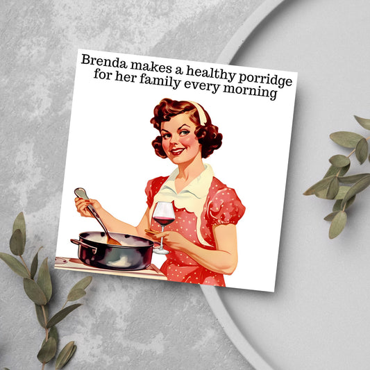 retro card woman smiling making breakfast folding glass of wine