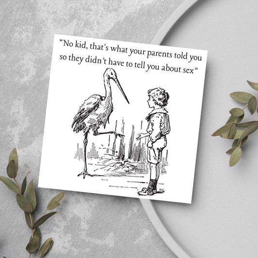 vintage drawing of a stork talking to a young boy