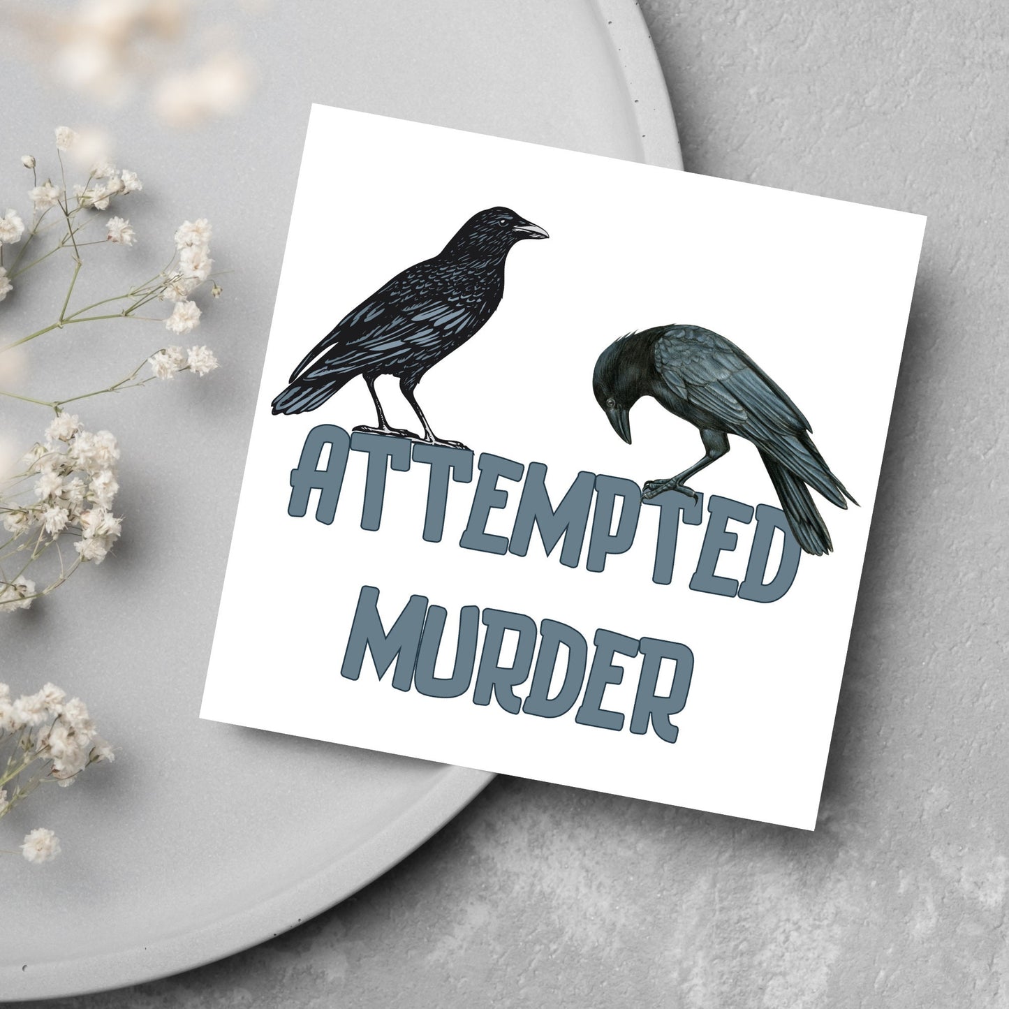 square card with the words attempted murder and 2 crows sitting on top of the text (a murder is the collective name 3 or more crows)