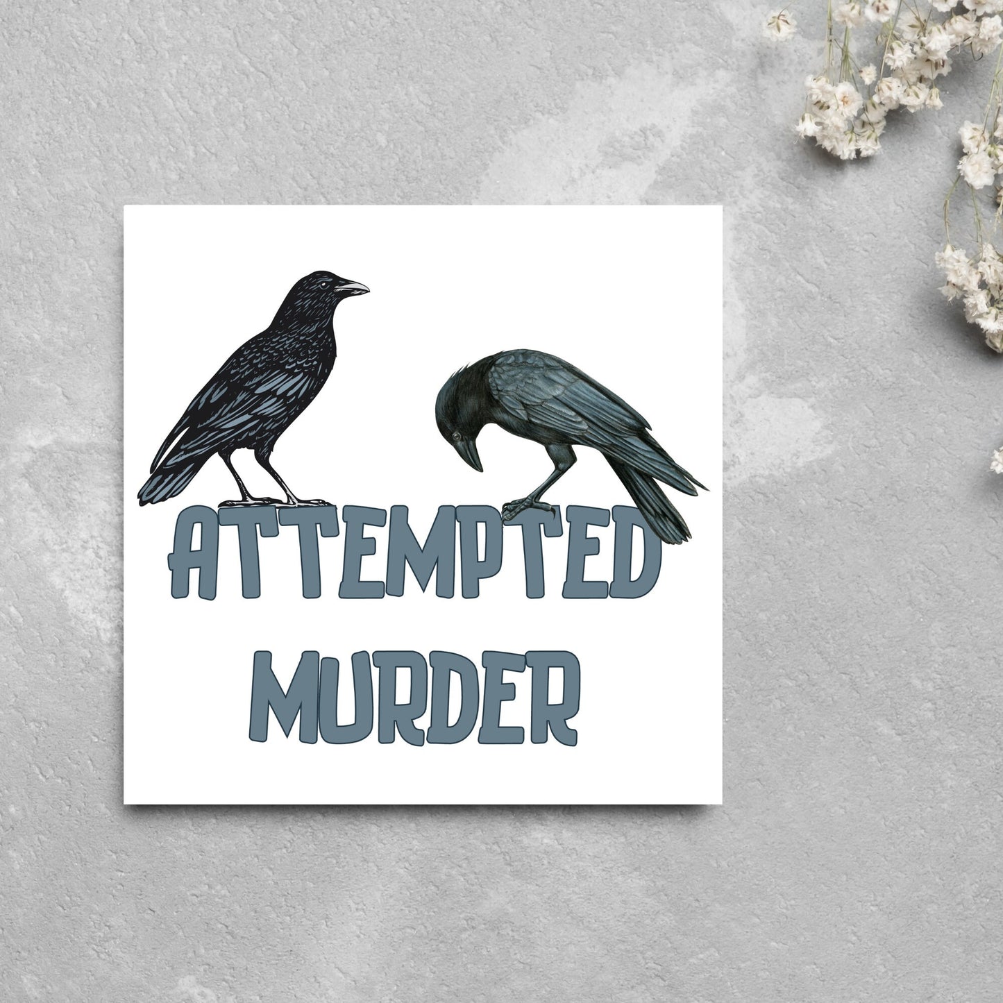 square card with the words attempted murder and 2 crows sitting on top of the text (a murder is the collective name 3 or more crows)