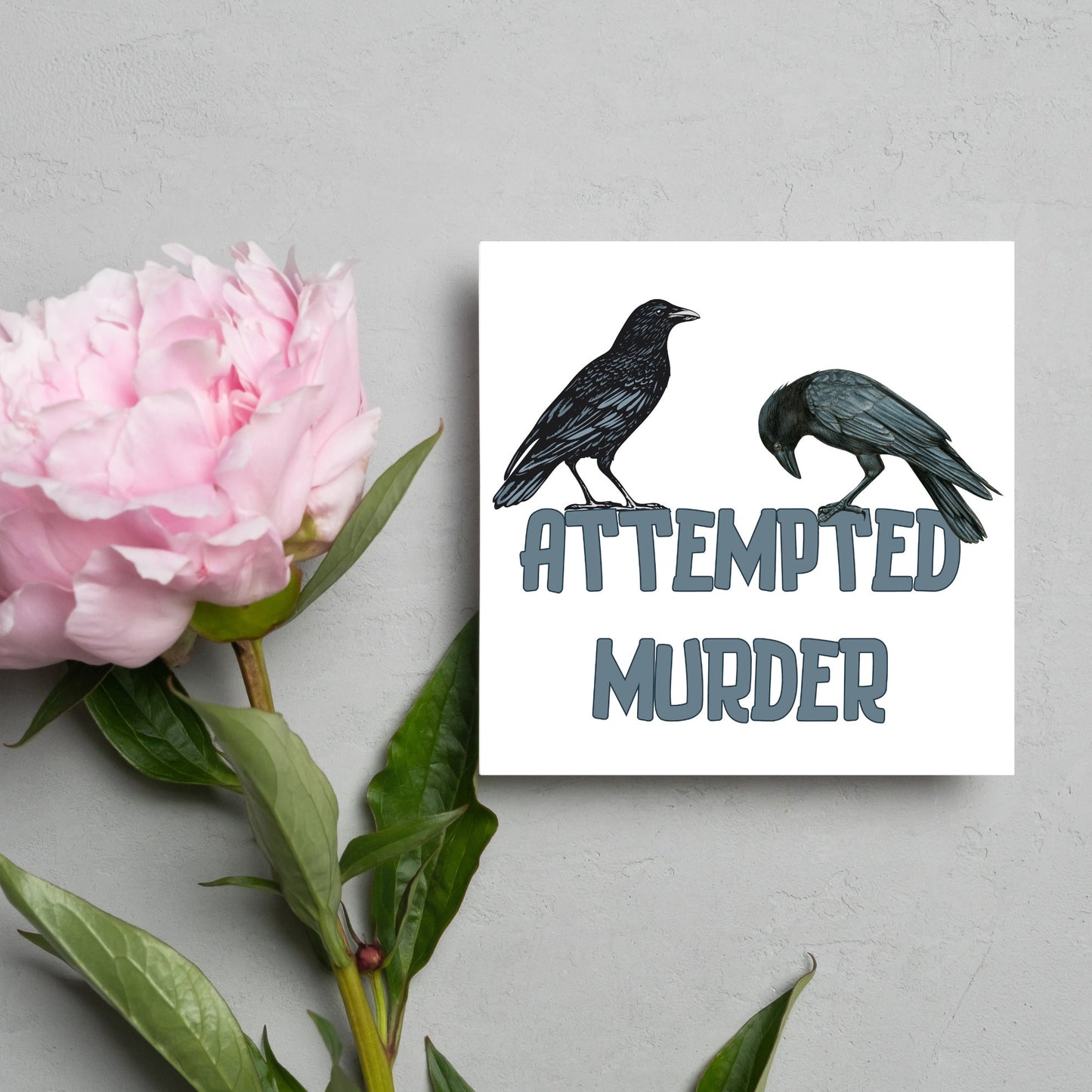 square card with the words attempted murder and 2 crows sitting on top of the text (a murder is the collective name 3 or more crows)