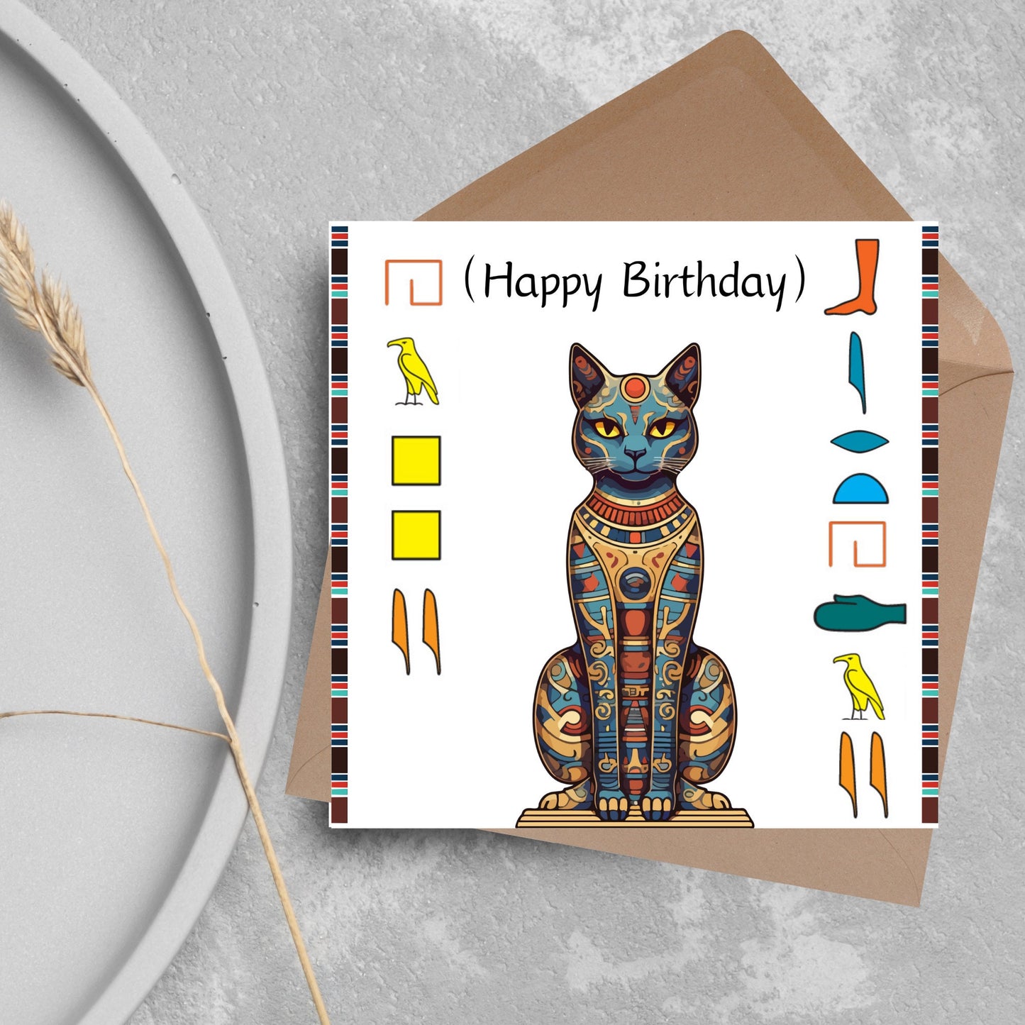 happy birthday in hieroglyphics with a cat statue