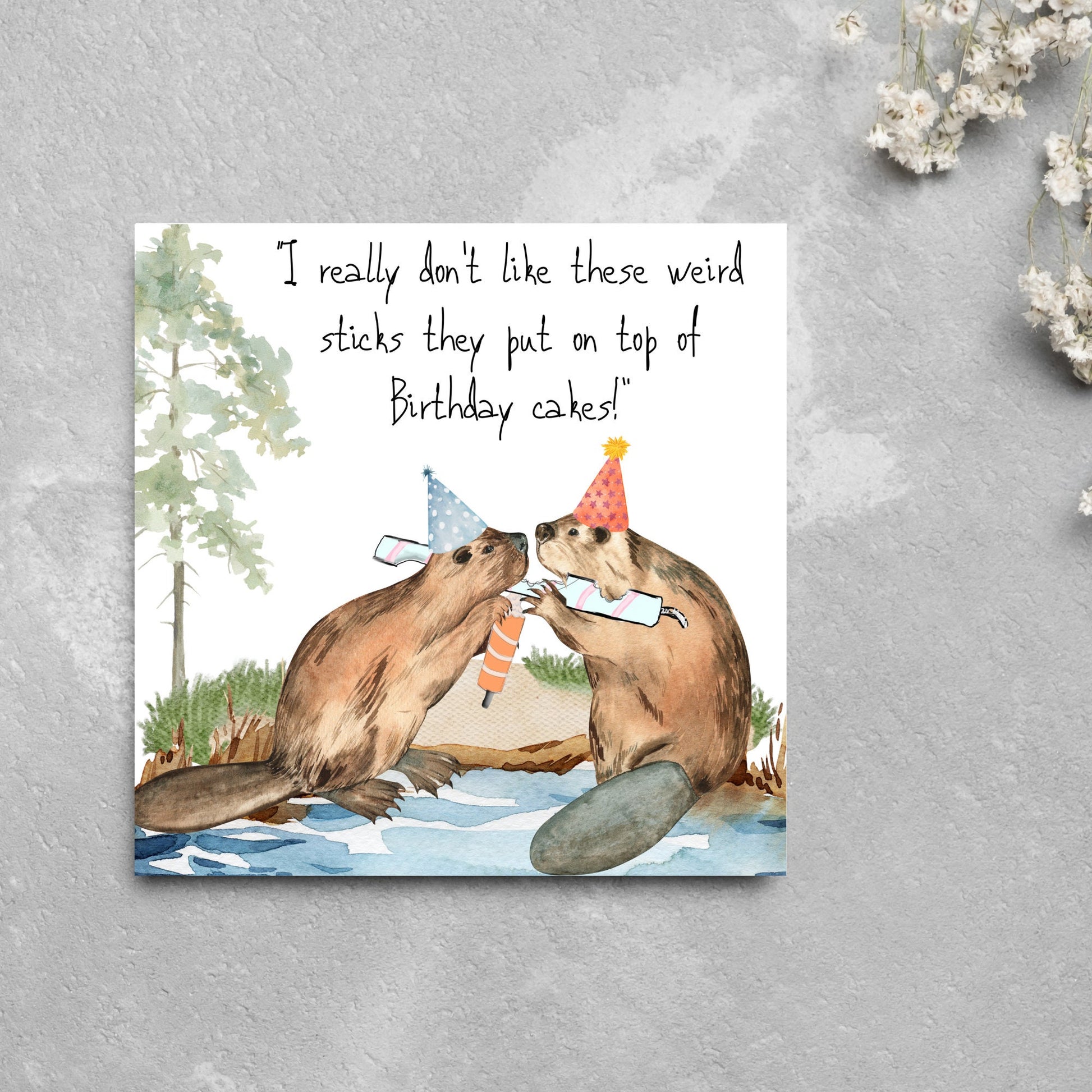 Image of a square birthday card with a watercolour image of 2 beavers with party hats on, chewing candles and handwritten style text  above them that reads - i really don't like these weird sticks they put on top of birthday cakes!