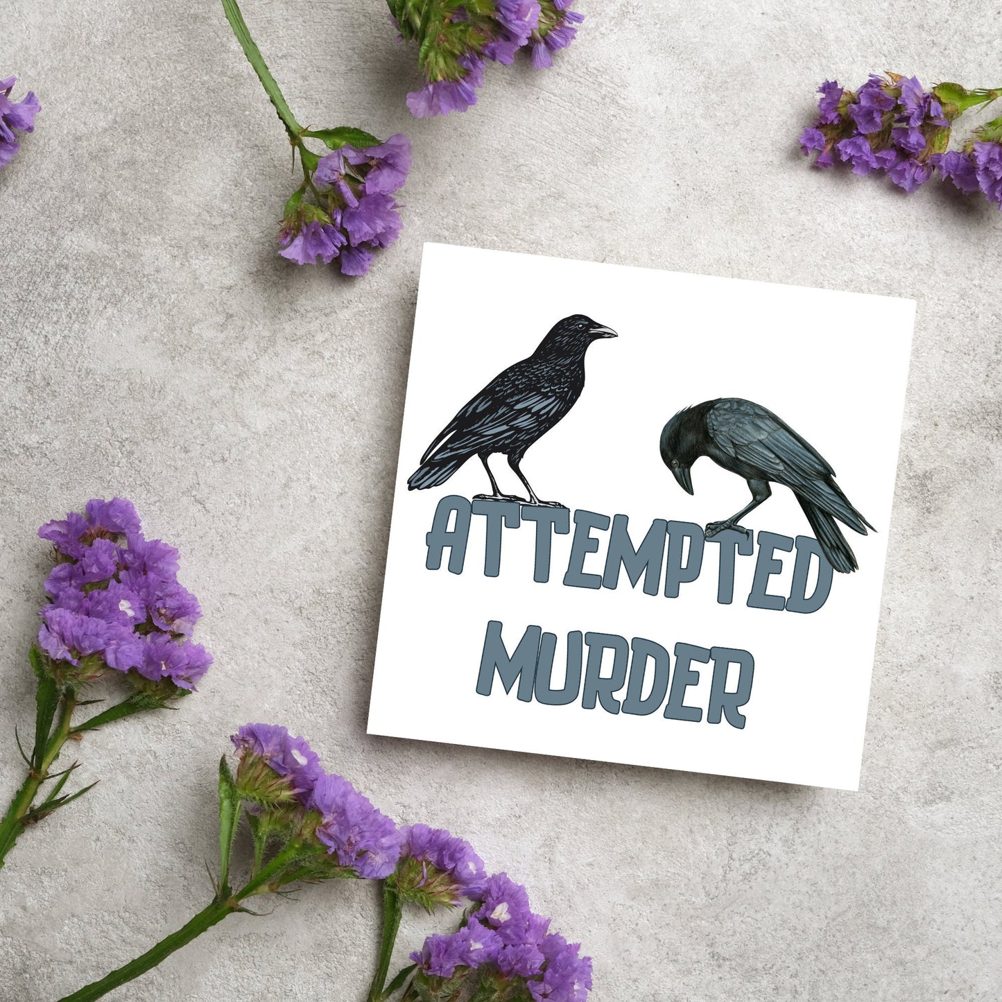 square card with the words attempted murder and 2 crows sitting on top of the text (a murder is the collective name 3 or more crows)