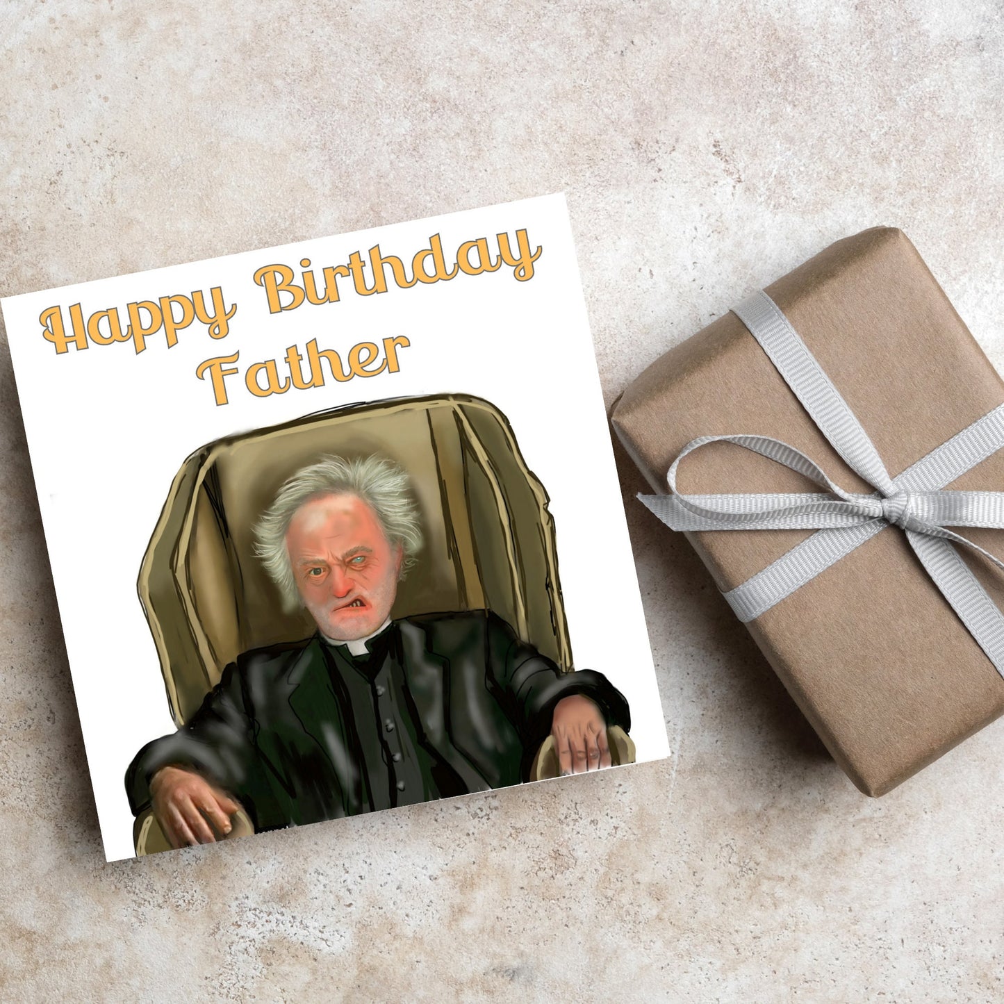 square birthday card with a hand drawn image of father jack from the tv show father ted. he is sitting in his chair looking mean with the text happy birthday father