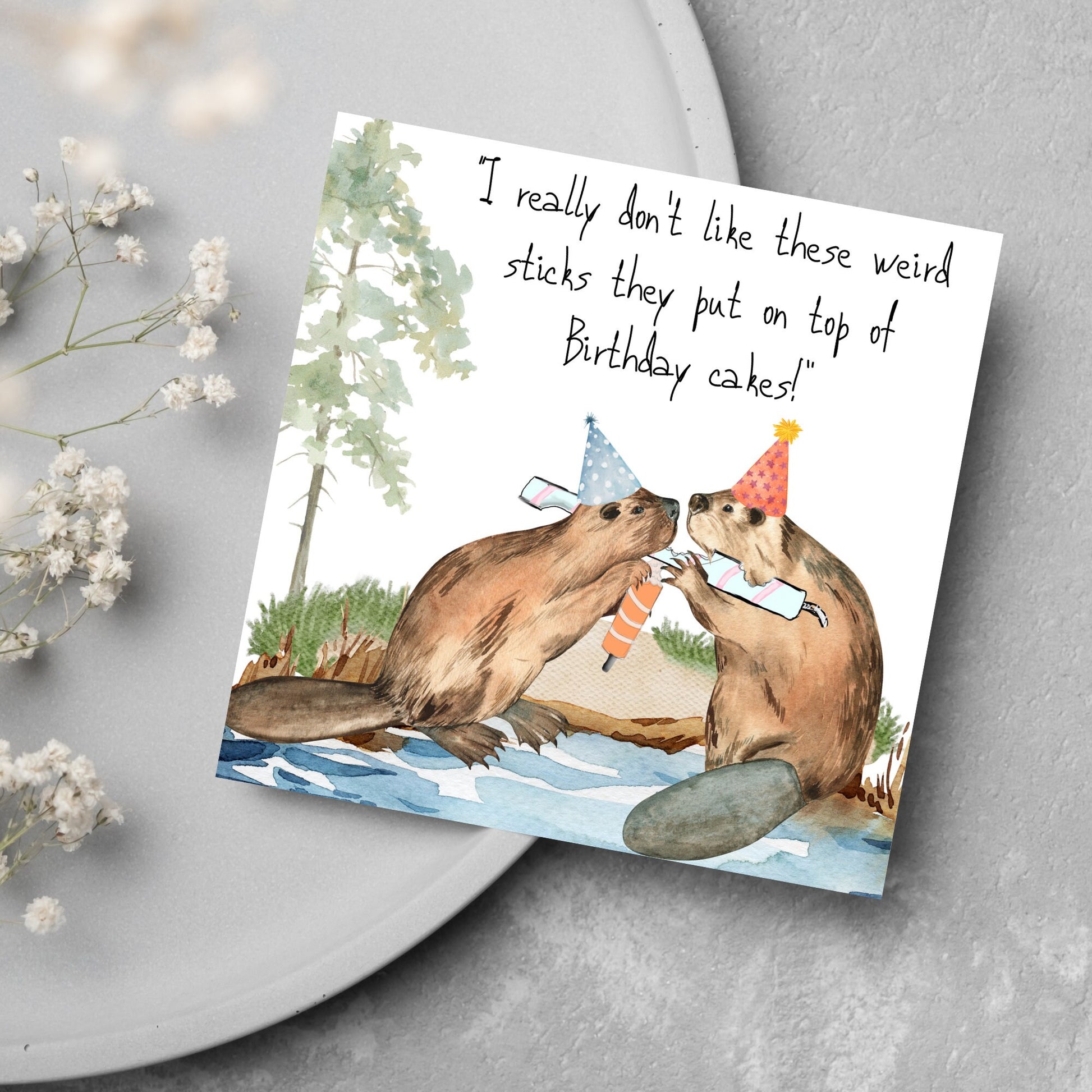 Image of a square birthday card with a watercolour image of 2 beavers with party hats on, chewing candles and handwritten style text  above them that reads - i really don't like these weird sticks they put on top of birthday cakes!