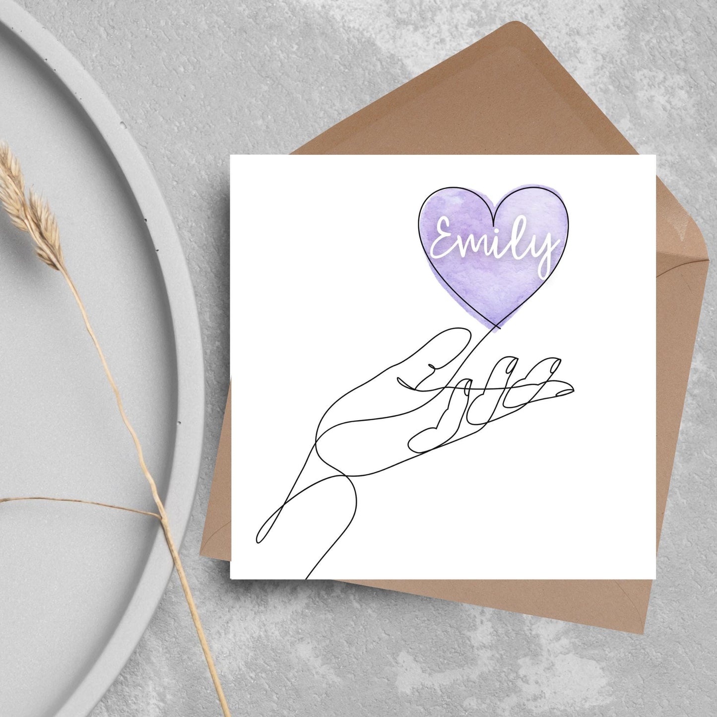 square card with a simple black and white one line drawing of an open hand with a heart rising from the hand. the heart has a purple background and has a personalised name written in a white cursive text
