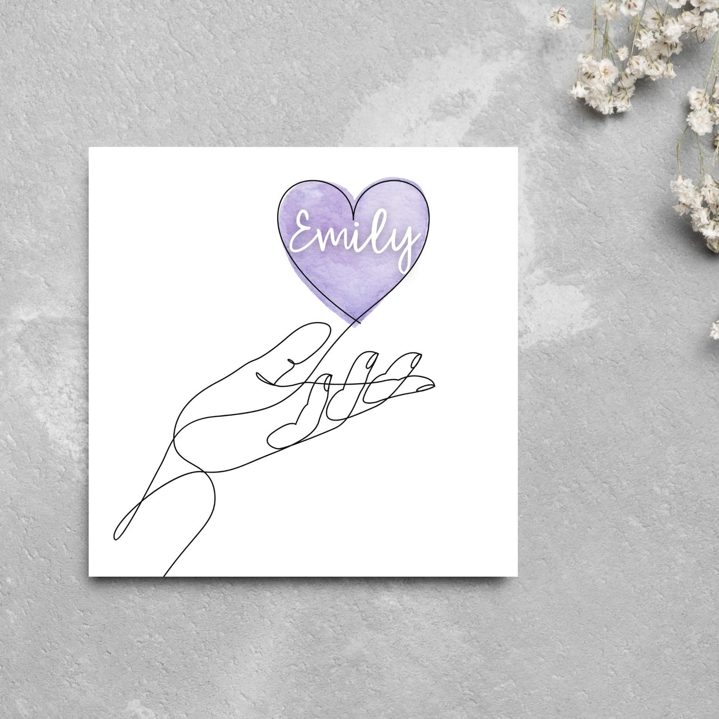 square card with a simple black and white one line drawing of an open hand with a heart rising from the hand. the heart has a purple background and has a personalised name written in a white cursive text