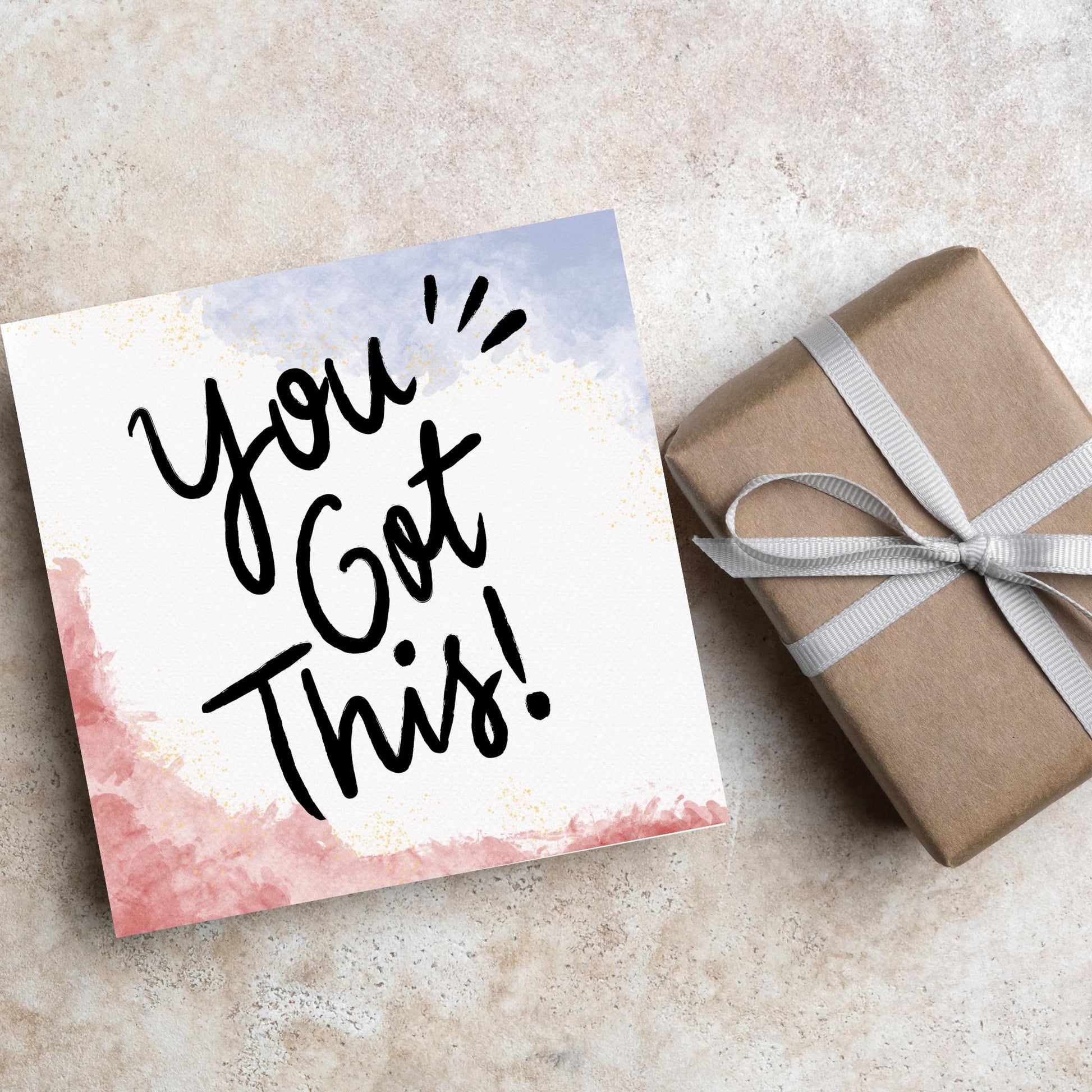 square greeting card with watercolour design and the text YOU GOT THIS! in large handwritten style black text