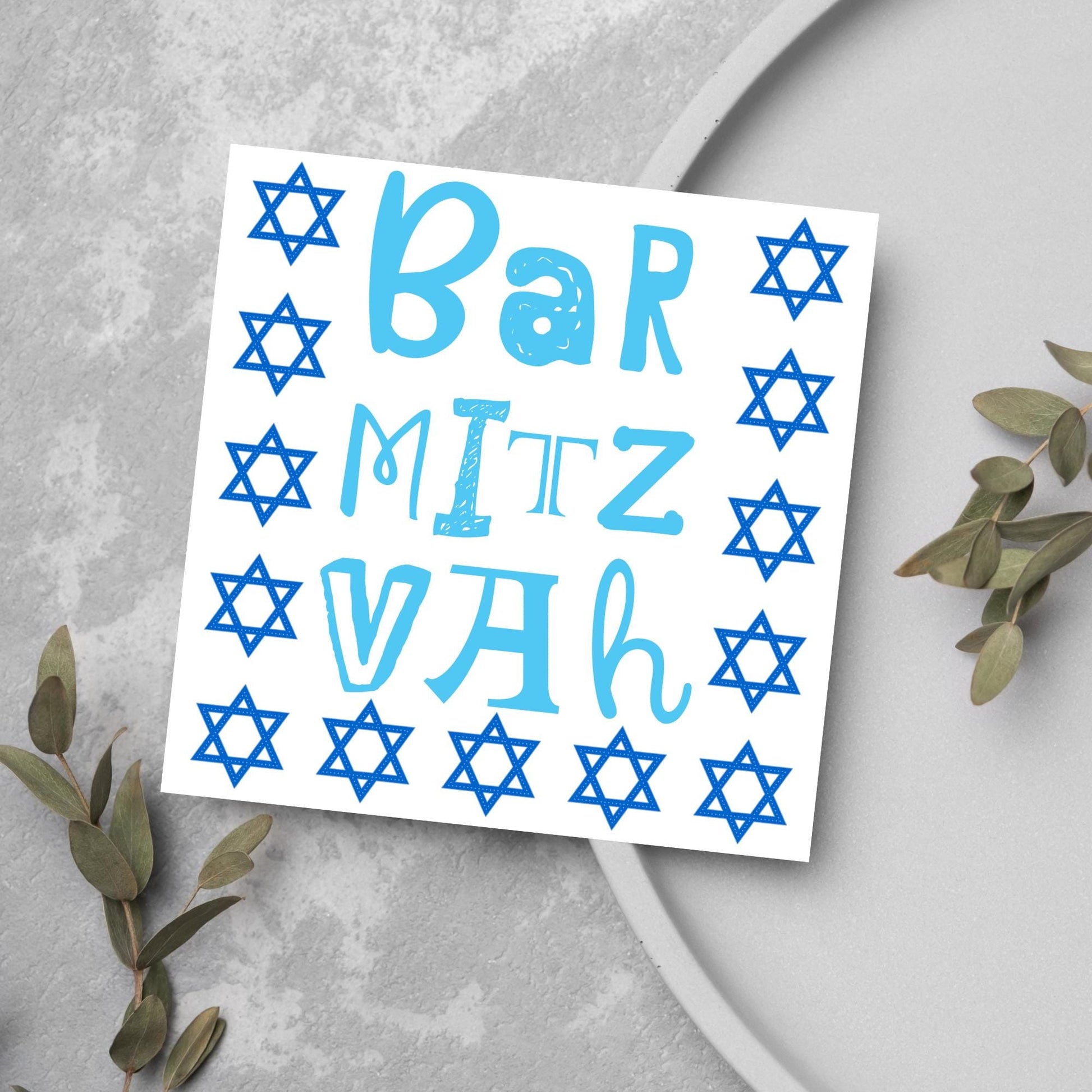 square greeting card for bar mitzvah with blue text bar mitzvah in a hand drawn style made of different fonts surrounded by 13 stars of David in navy blue