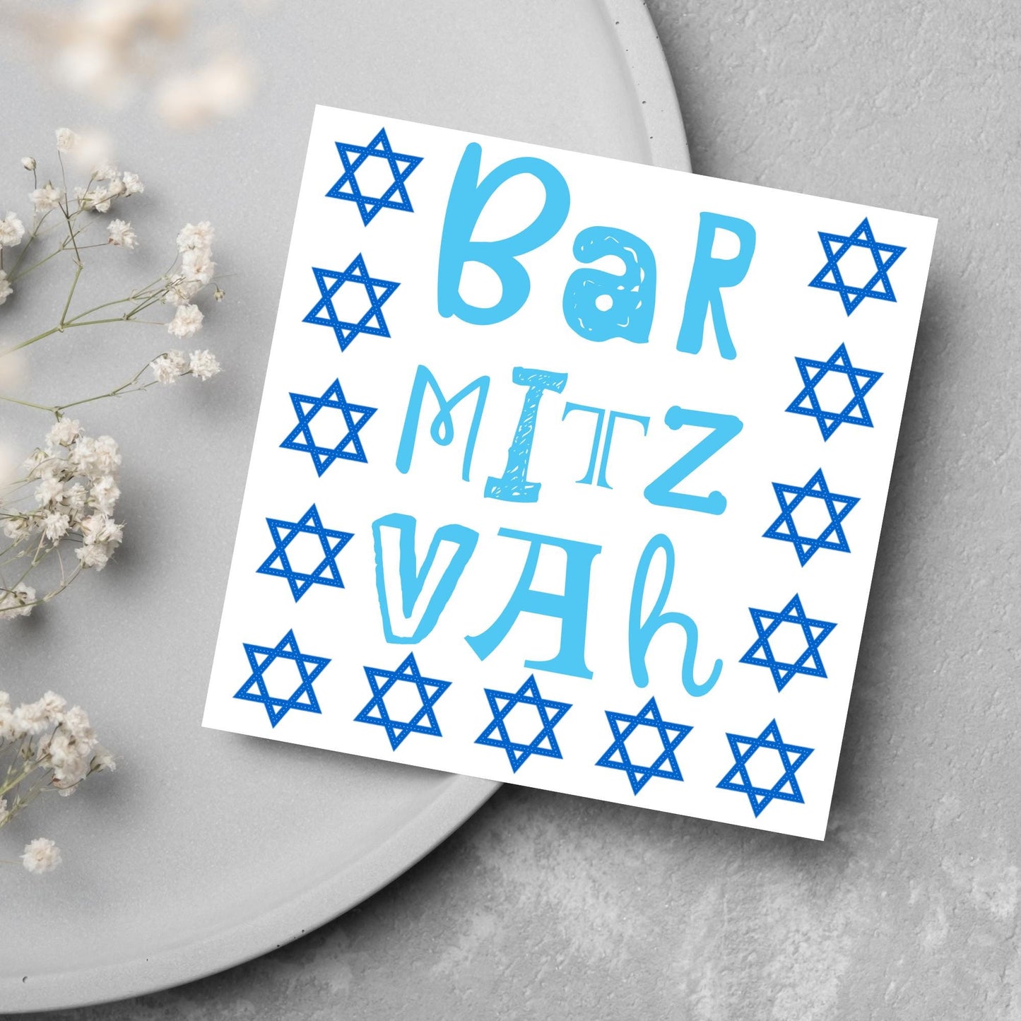 square greeting card for bar mitzvah with blue text bar mitzvah in a hand drawn style made of different fonts surrounded by 13 stars of David in navy blue