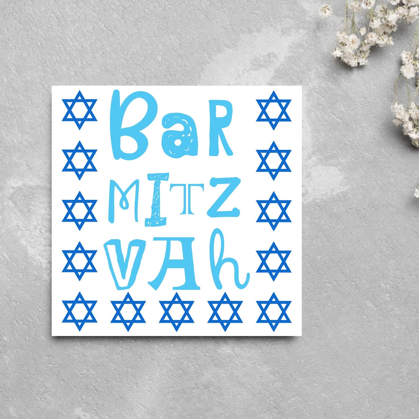 square greeting card for bar mitzvah with blue text bar mitzvah in a hand drawn style made of different fonts surrounded by 13 stars of David in navy blue
