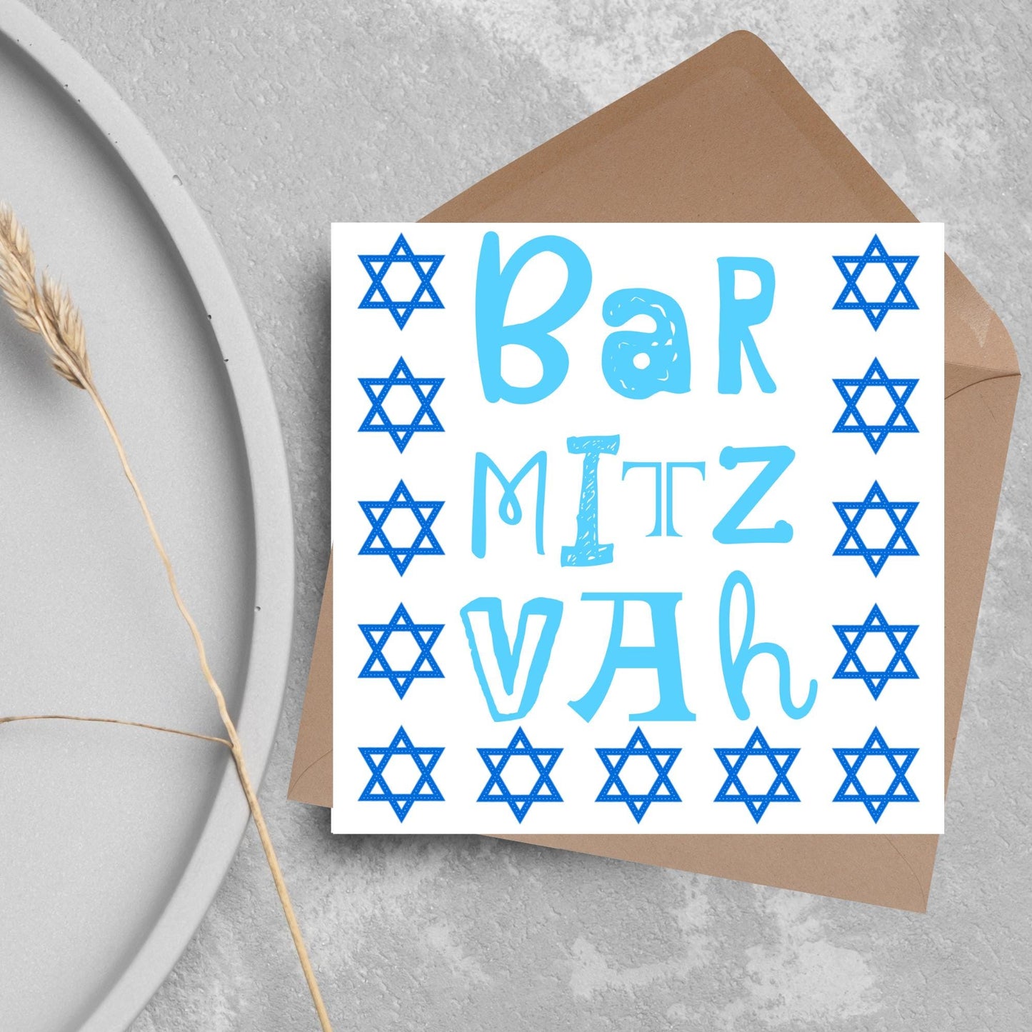 square greeting card for bar mitzvah with blue text bar mitzvah in a hand drawn style made of different fonts surrounded by 13 stars of David in navy blue