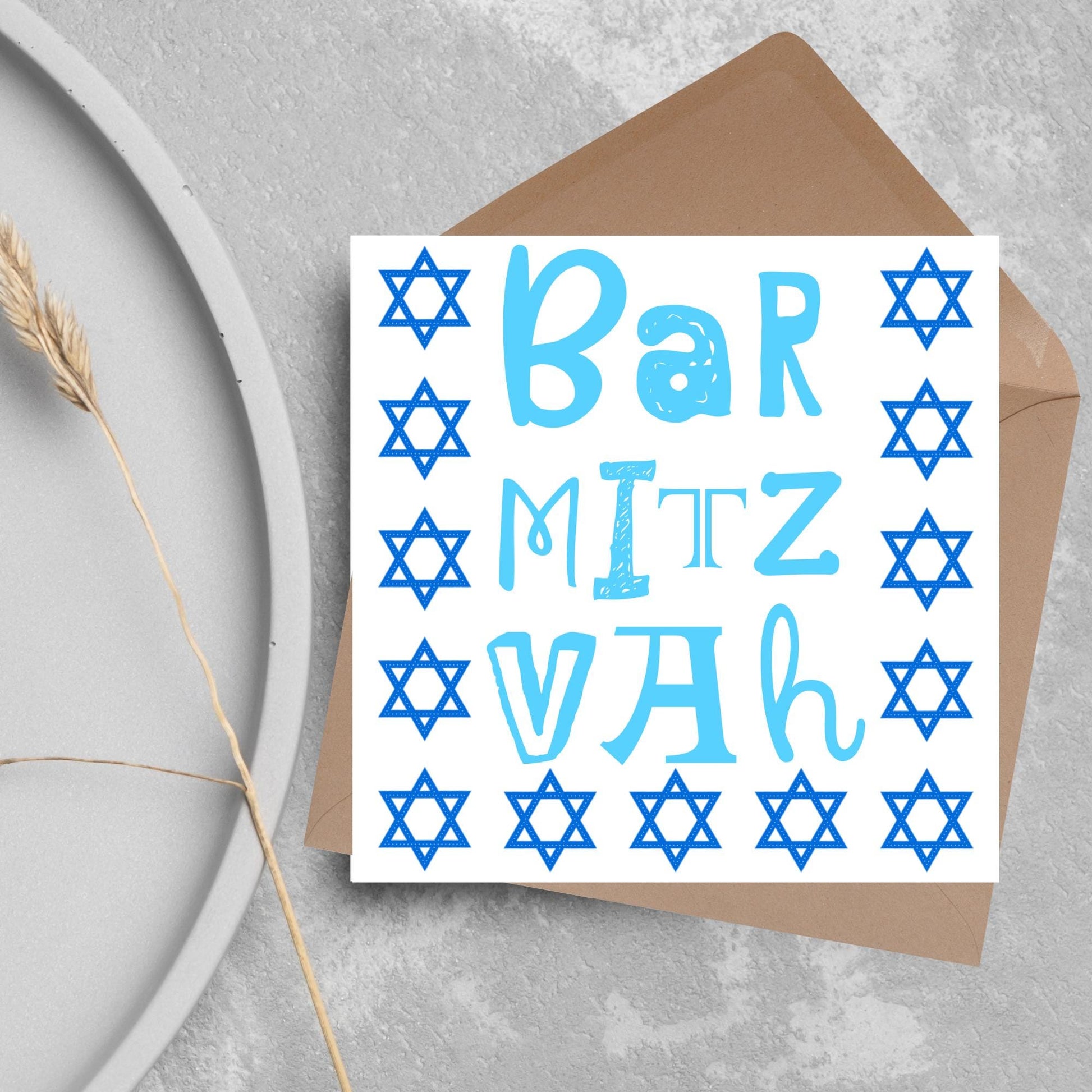 square greeting card for bar mitzvah with blue text bar mitzvah in a hand drawn style made of different fonts surrounded by 13 stars of David in navy blue