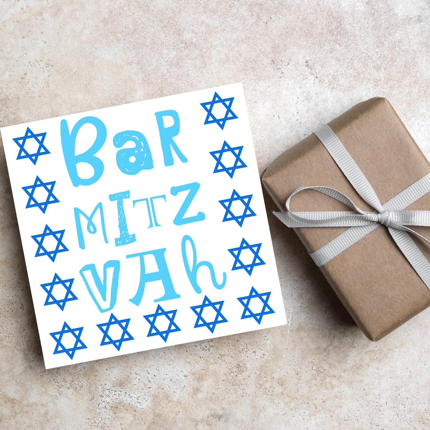 square greeting card for bar mitzvah with blue text bar mitzvah in a hand drawn style made of different fonts surrounded by 13 stars of David in navy blue