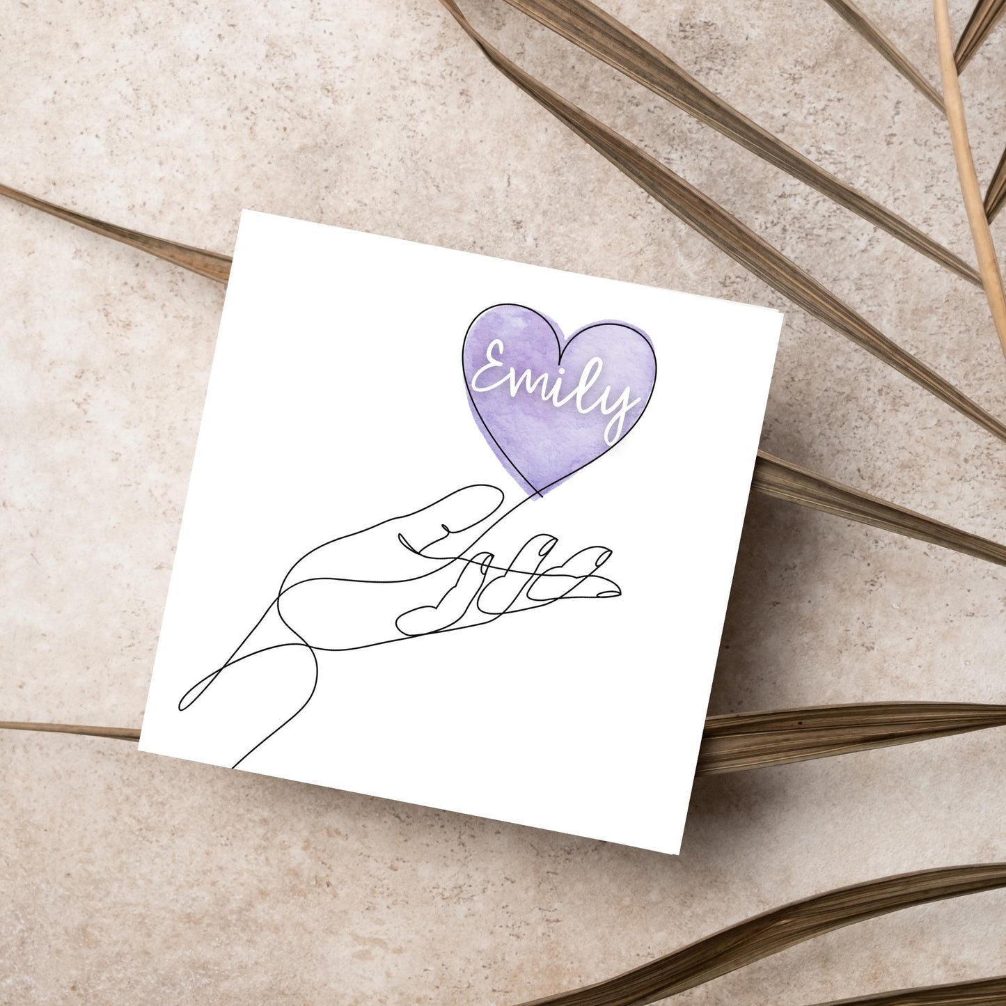 square card with a simple black and white one line drawing of an open hand with a heart rising from the hand. the heart has a purple background and has a personalised name written in a white cursive text