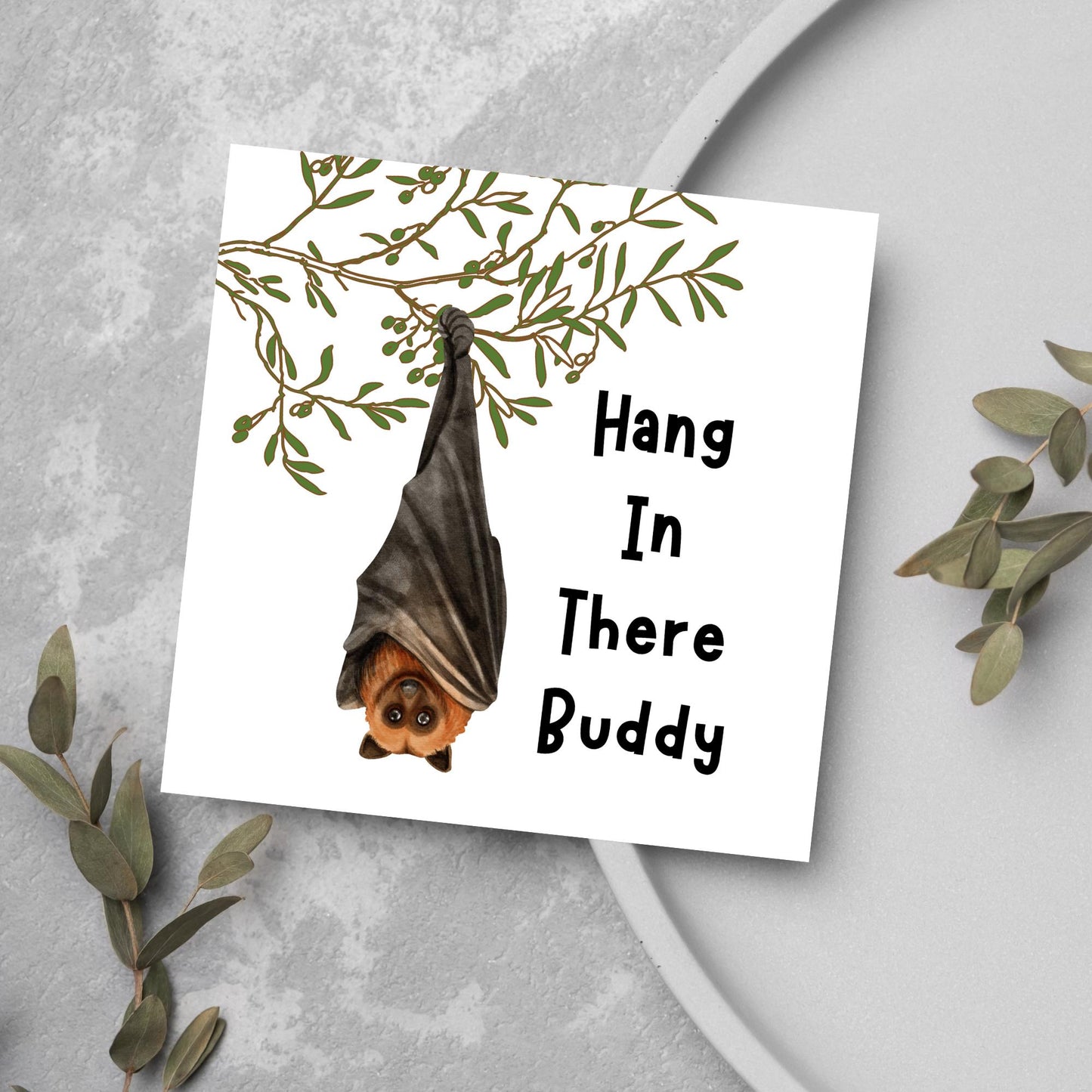square card with an illustration of a bat hanging upside down from a tree branch with black text next to it that reads - Hang in there buddy