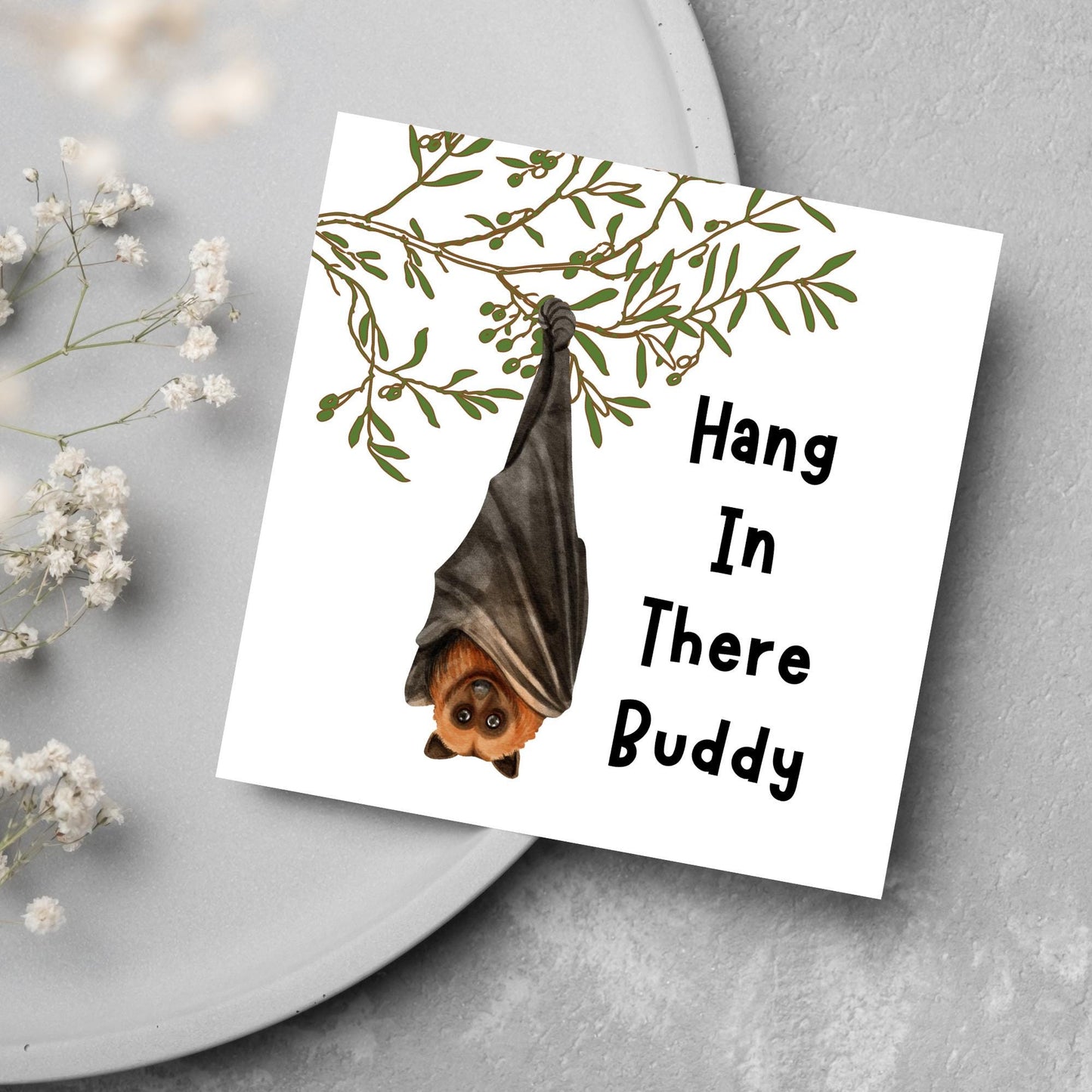 square card with an illustration of a bat hanging upside down from a tree branch with black text next to it that reads - Hang in there buddy
