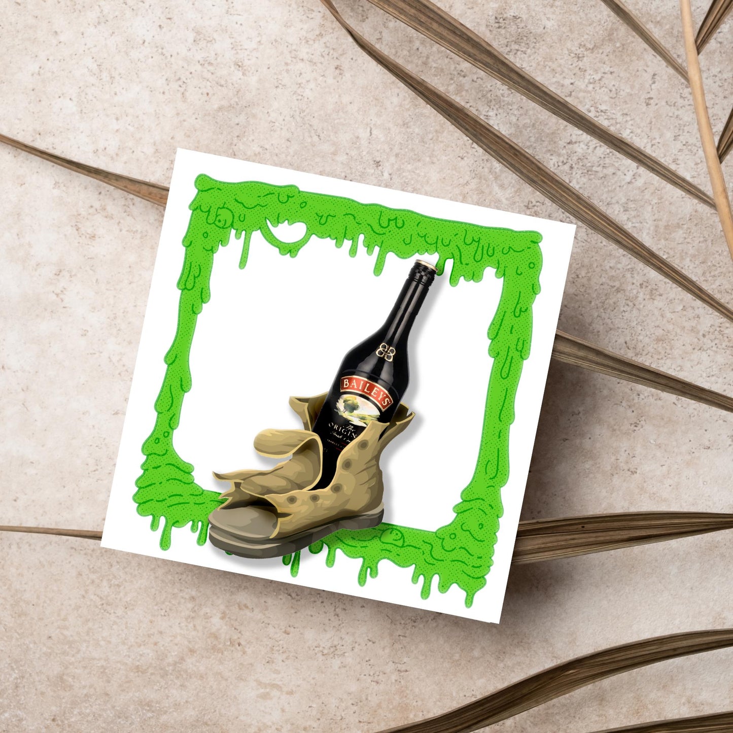 image of a square greetings card with a green slime frame with an image of an old boot with a bottle of baileys inside it