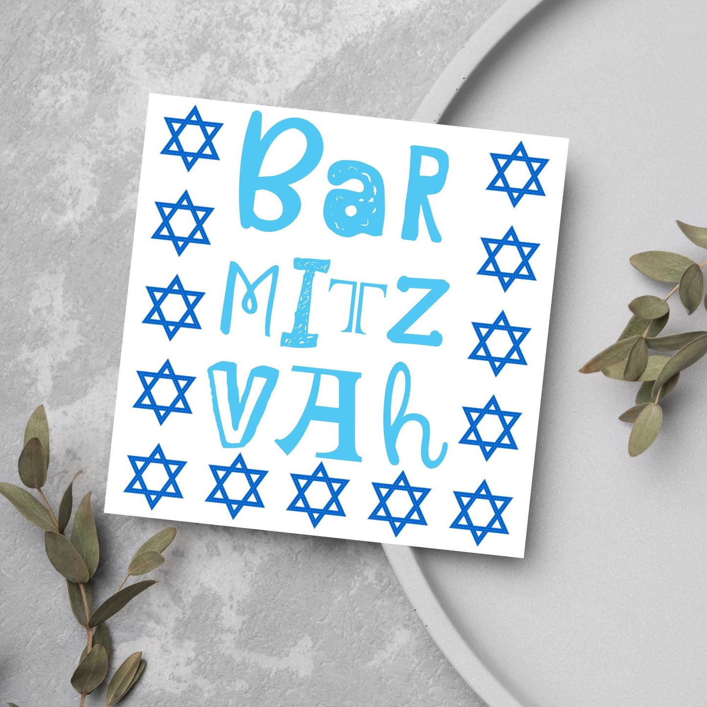 square greeting card for bar mitzvah with blue text bar mitzvah in a hand drawn style made of different fonts surrounded by 13 stars of David in navy blue