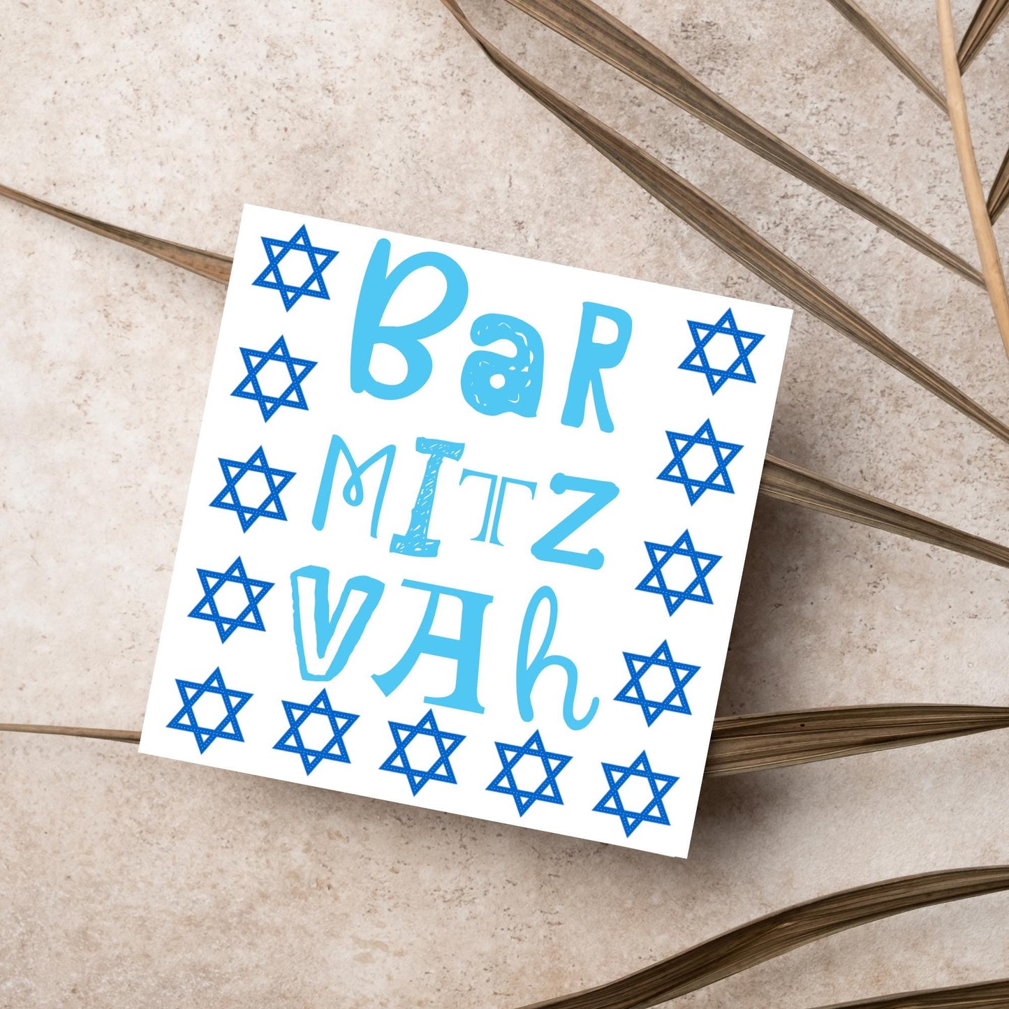 square greeting card for bar mitzvah with blue text bar mitzvah in a hand drawn style made of different fonts surrounded by 13 stars of David in navy blue