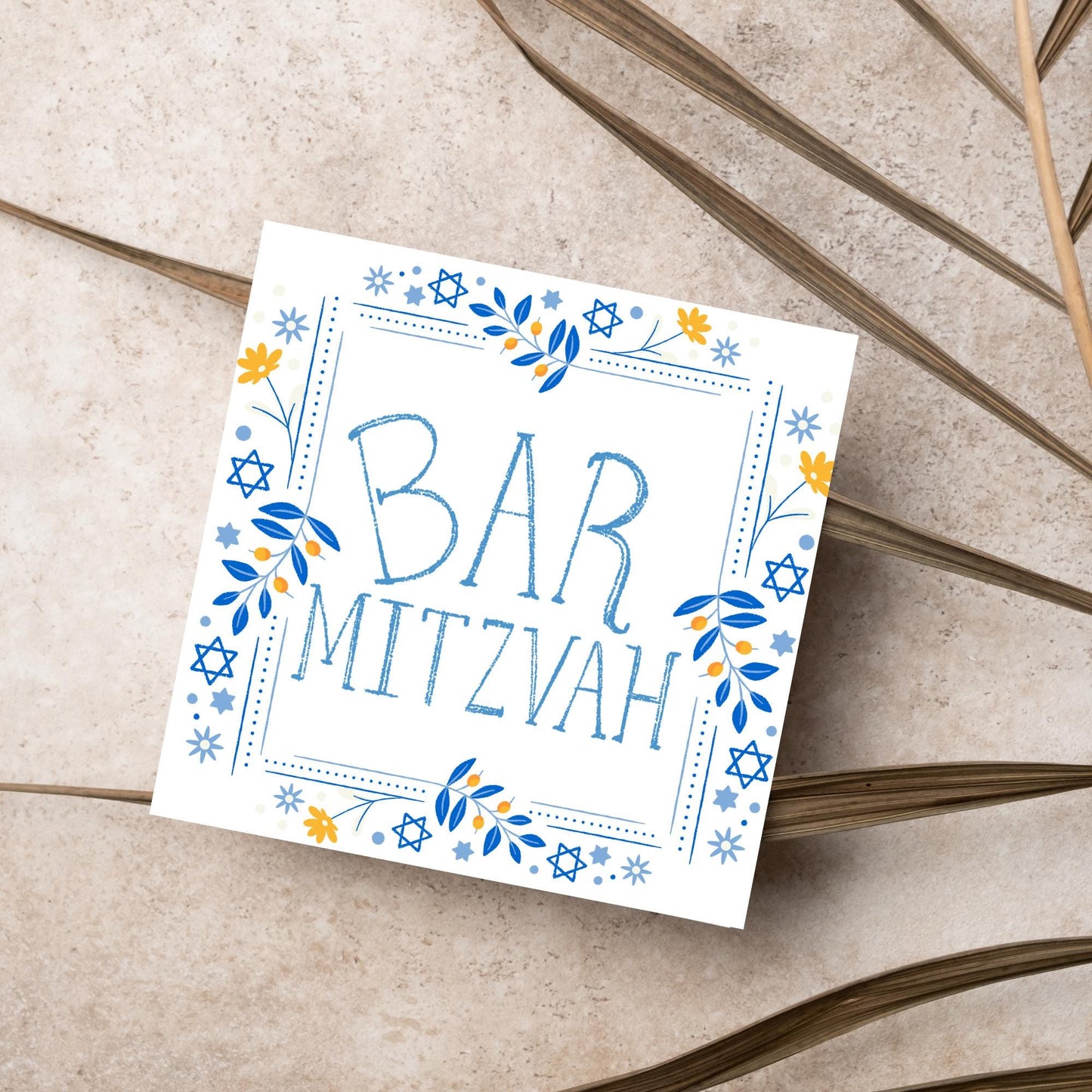 square bar mitzvah card with a sketchy drawn bar mitzvah in the centre in a soft blue, with a decorative frame featuring flowers and stars of david in blues and yellows