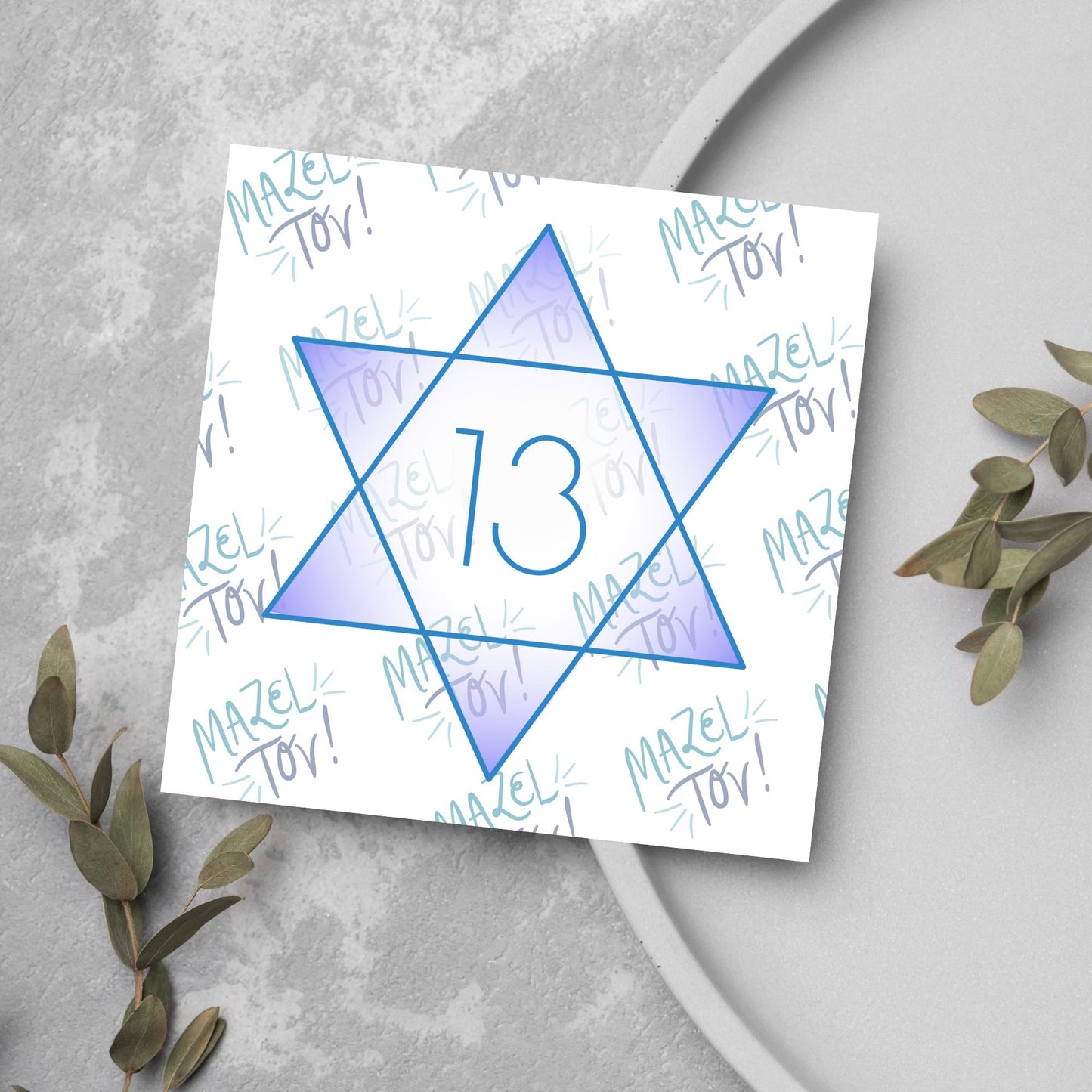 square Bar Mitzvah card with a blue line star of david with the number 13 with a purple gradient backing against the words Mazel Tov repeated as a backdrop