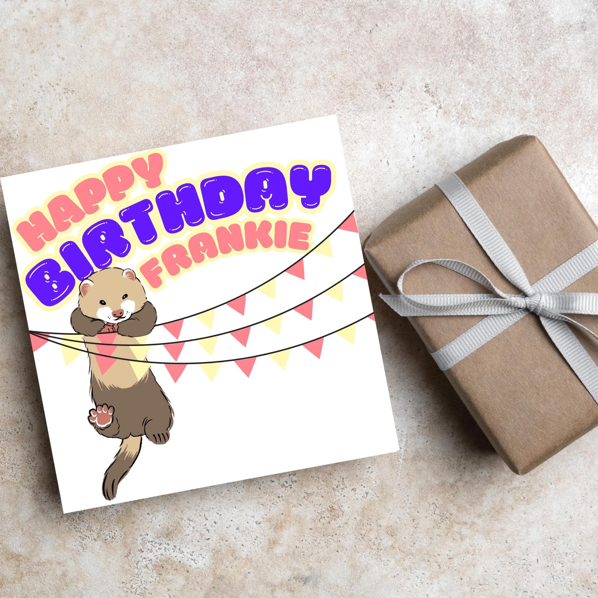 square card with an image of a ferret hanging off pink and yellow bunting with bold pink and purple text above that reads happy birthday frankie in a bubble font
