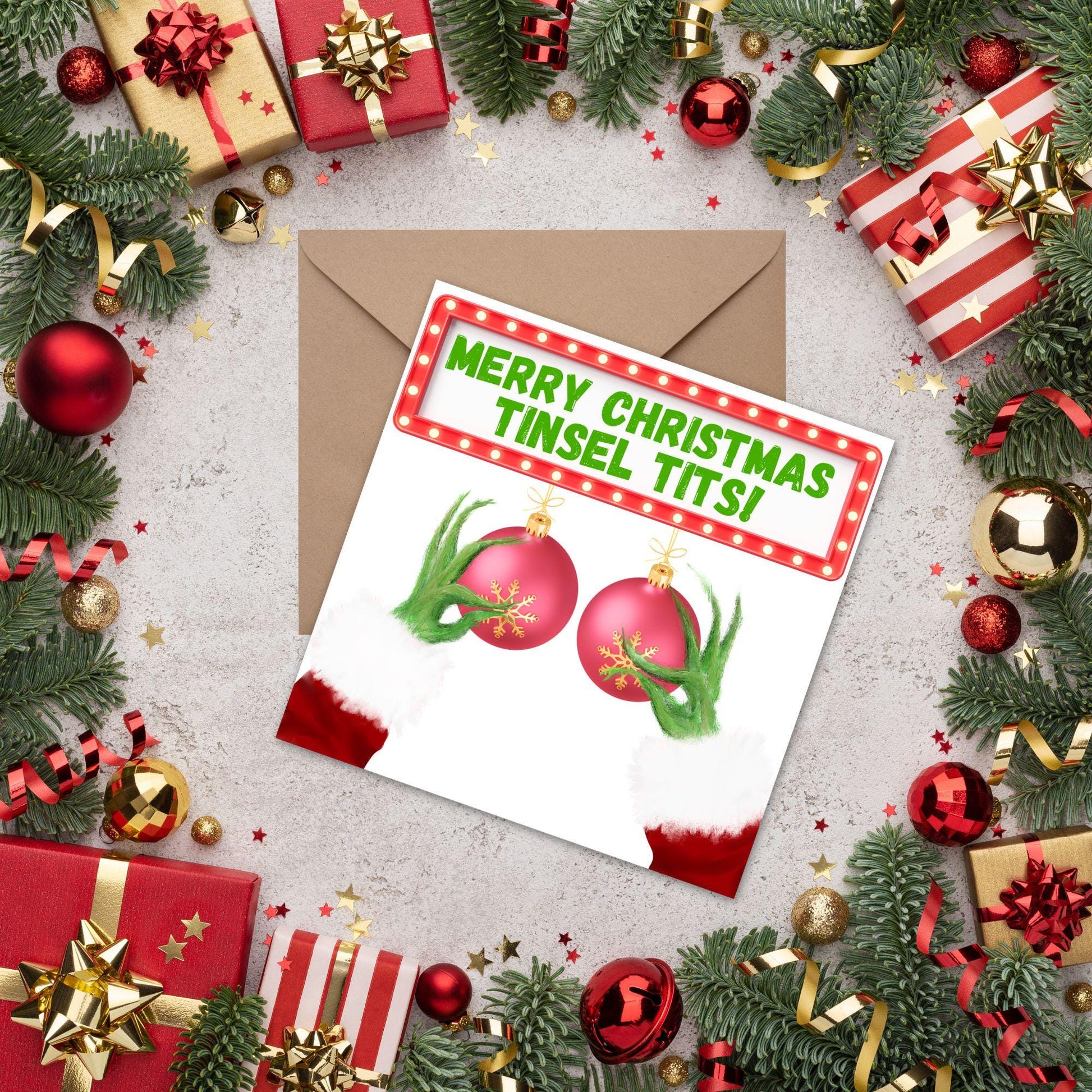 Rude Christmas Card, Grinch Card, Card for Girlfriend, Card for Wife, Card for Best Friend, Tinsel Tits, Funny Christmas Card for Her