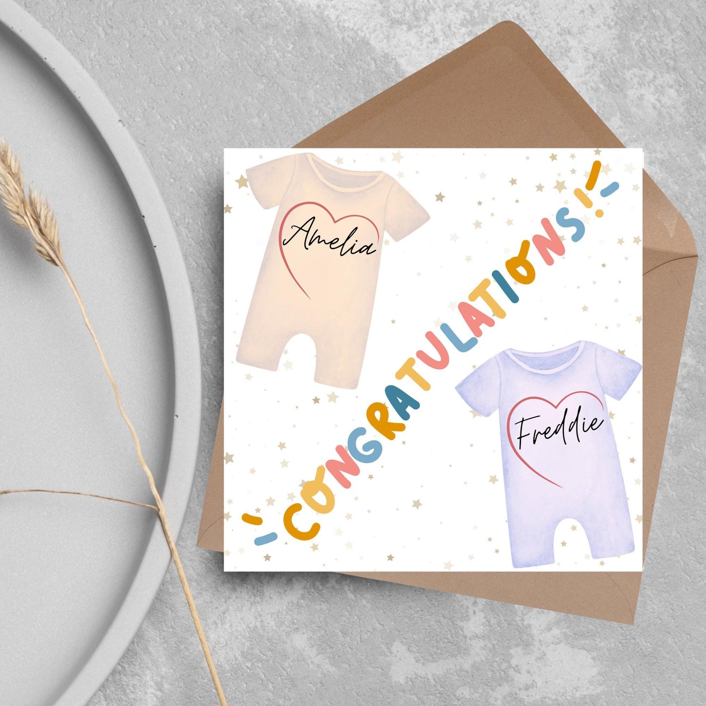 Personalised New Baby Card Twins, Baby Boy, Baby Girl, Baby Card, Congratulations, Birth Card, Baby Announcement, Custom Name Card