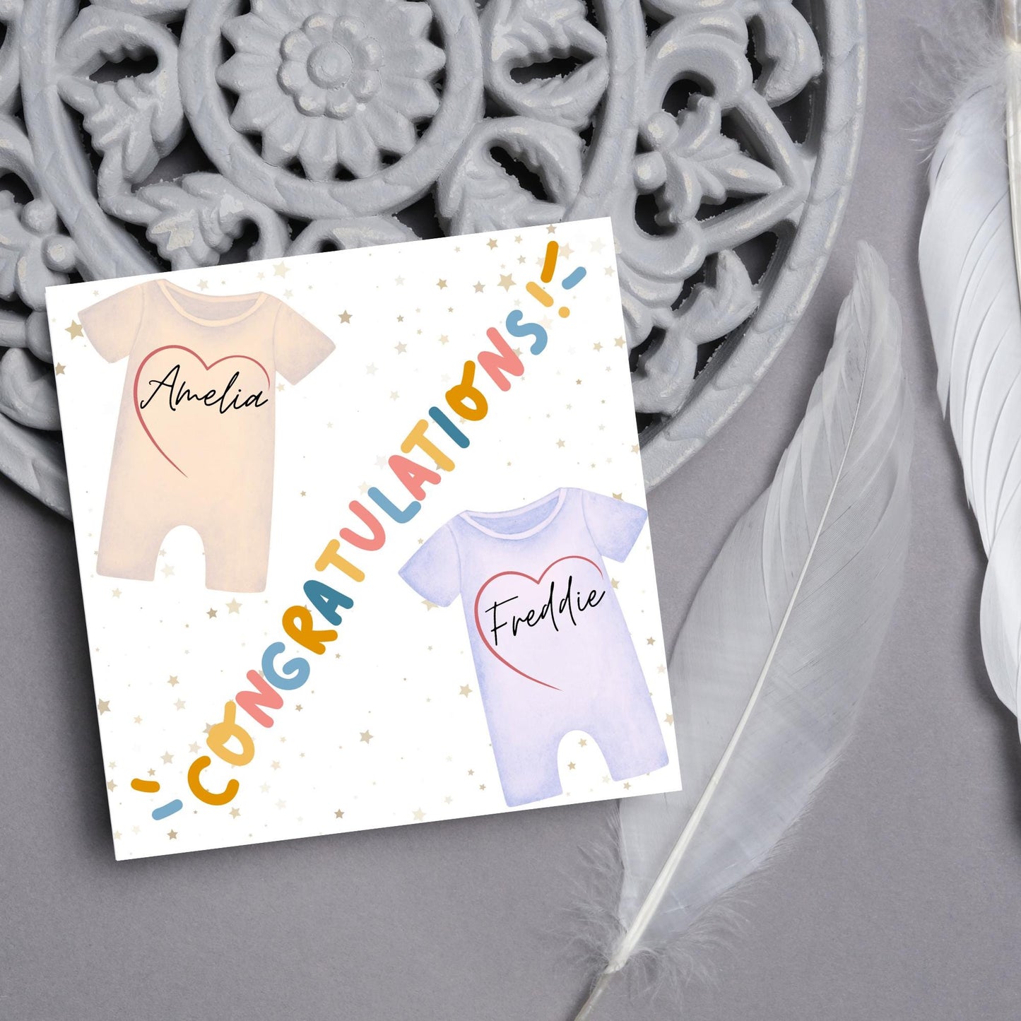 Personalised New Baby Card Twins, Baby Boy, Baby Girl, Baby Card, Congratulations, Birth Card, Baby Announcement, Custom Name Card