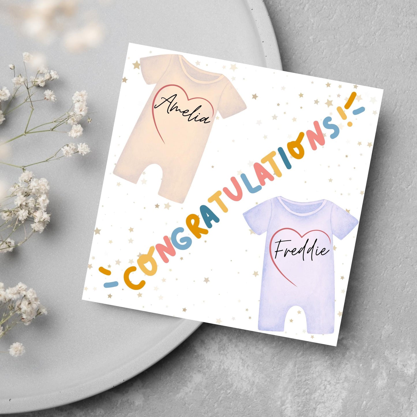 Personalised New Baby Card Twins, Baby Boy, Baby Girl, Baby Card, Congratulations, Birth Card, Baby Announcement, Custom Name Card