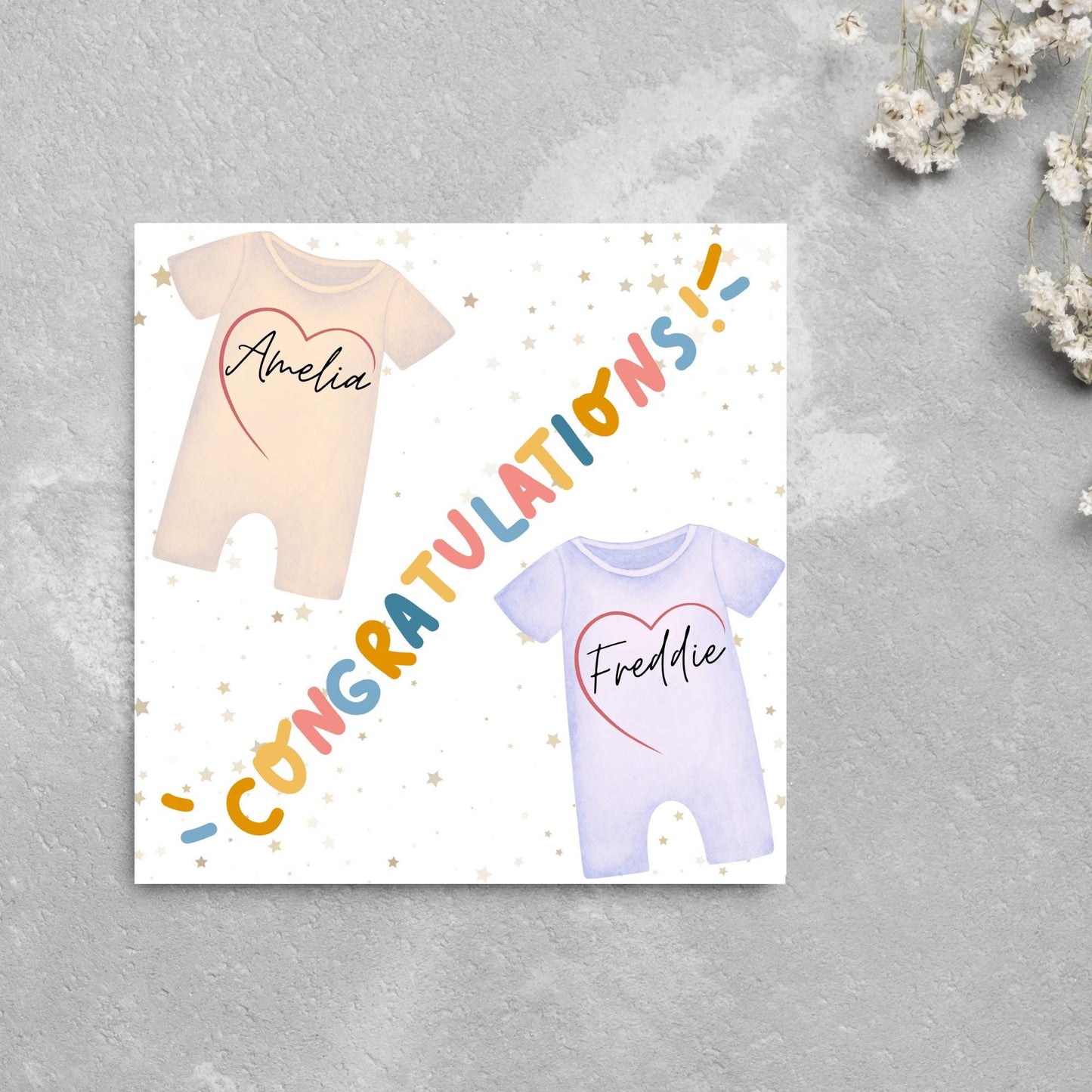 Personalised New Baby Card Twins, Baby Boy, Baby Girl, Baby Card, Congratulations, Birth Card, Baby Announcement, Custom Name Card