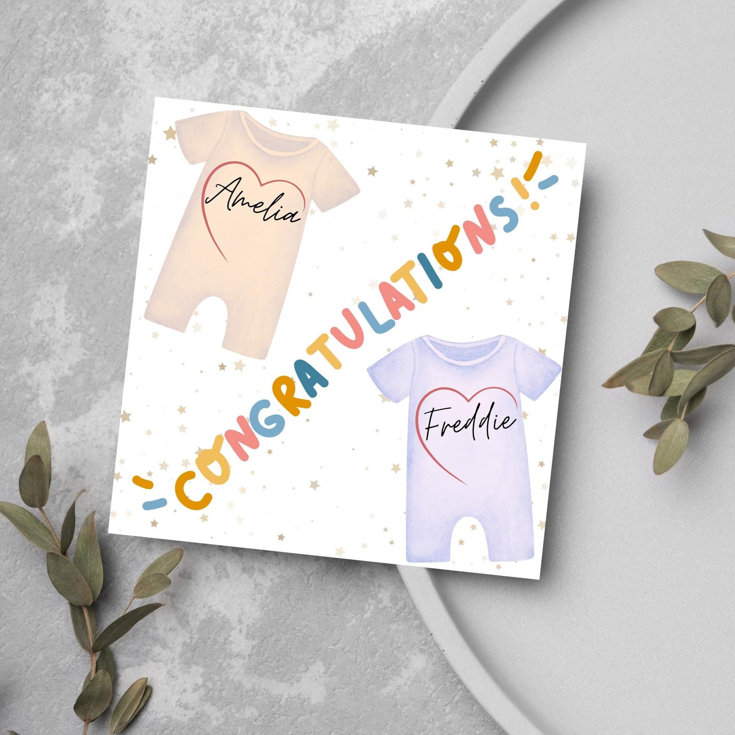 Personalised New Baby Card Twins, Baby Boy, Baby Girl, Baby Card, Congratulations, Birth Card, Baby Announcement, Custom Name Card