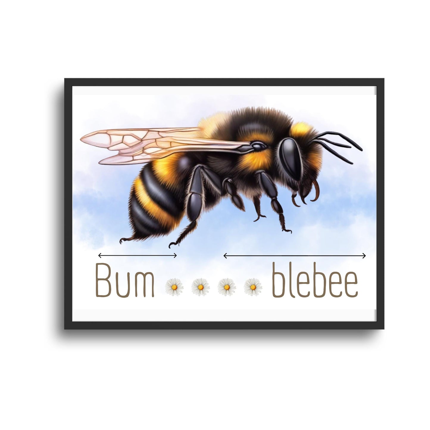 A framed A4 art print featuring a detailed illustration of a bumblebee with soft blue sky in the background. Below the bee, the text playfully reads "Bum" followed by five daisy icons and then "blebee," with arrows pointing across the entire phrase to emphasise the humorous, stretched-out pun