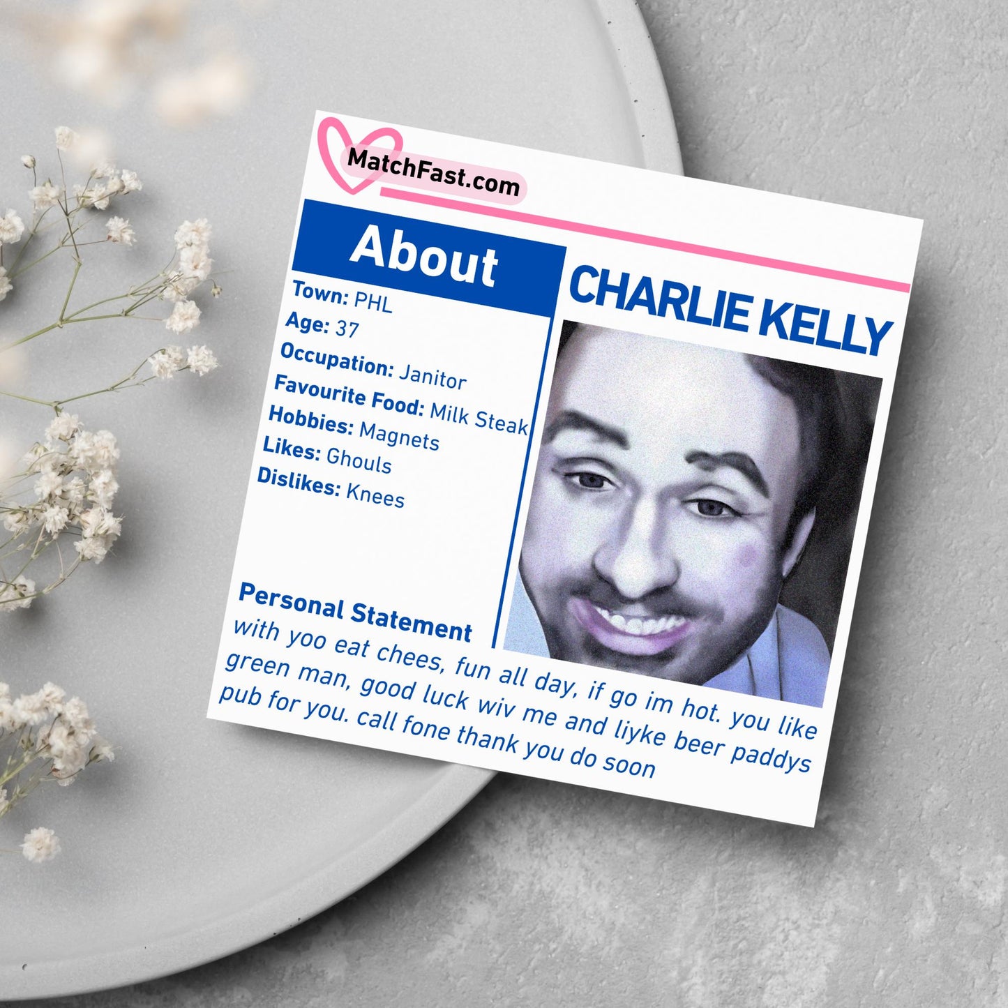 It's Always Sunny in Philadelphia Card, Charlie Kelly Dating Profile, Always Sunny Funny Birthday Card, TV Show Funny Card for Friend