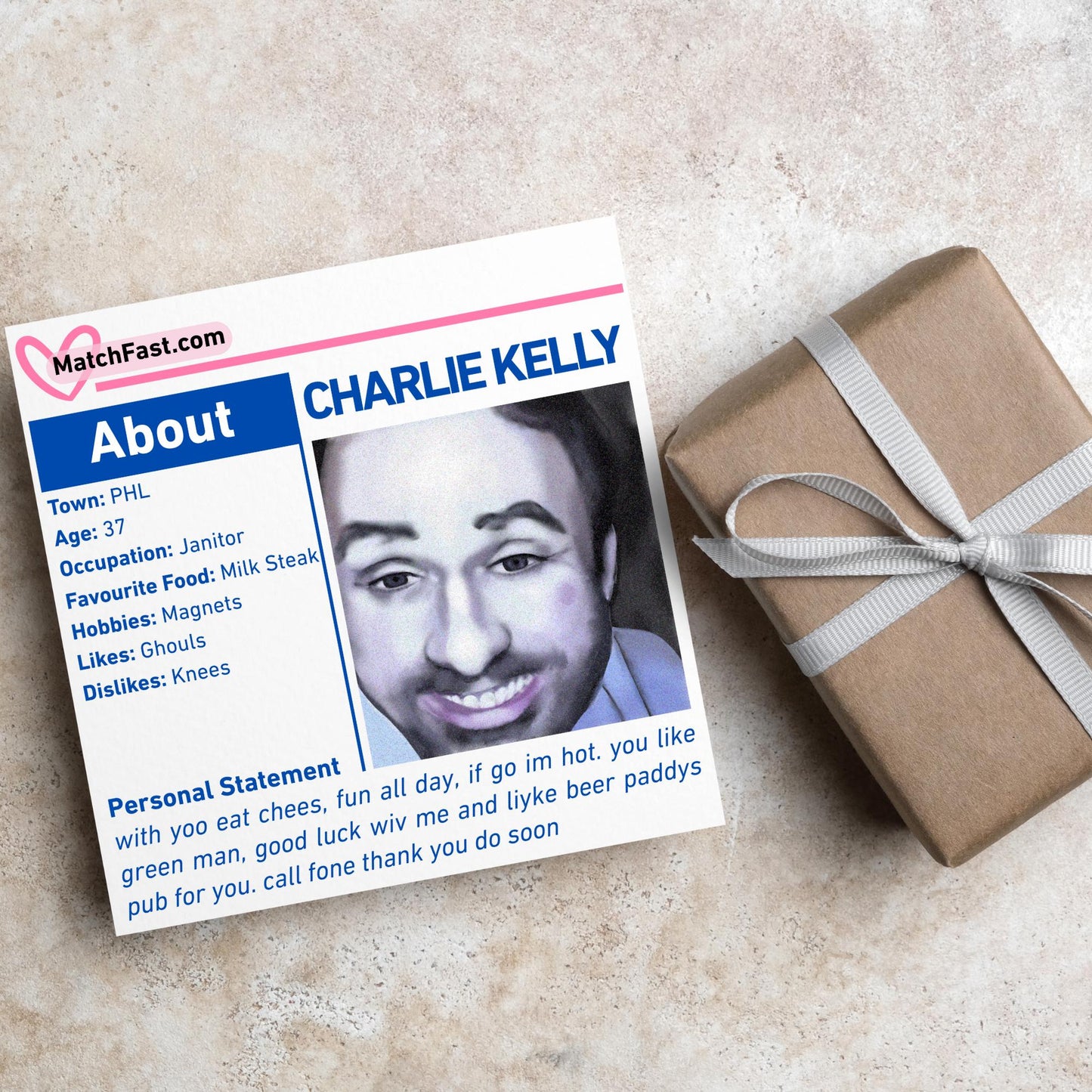 It's Always Sunny in Philadelphia Card, Charlie Kelly Dating Profile, Always Sunny Funny Birthday Card, TV Show Funny Card for Friend