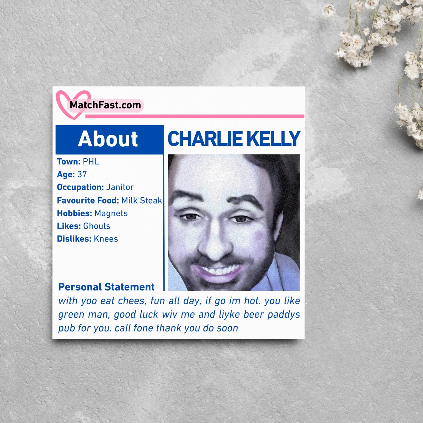 It's Always Sunny in Philadelphia Card, Charlie Kelly Dating Profile, Always Sunny Funny Birthday Card, TV Show Funny Card for Friend