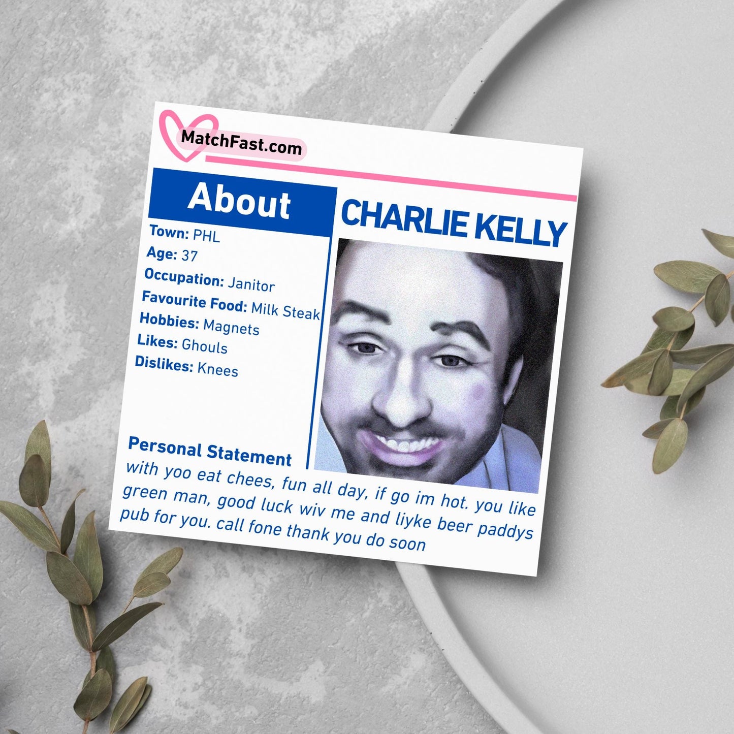 It's Always Sunny in Philadelphia Card, Charlie Kelly Dating Profile, Always Sunny Funny Birthday Card, TV Show Funny Card for Friend